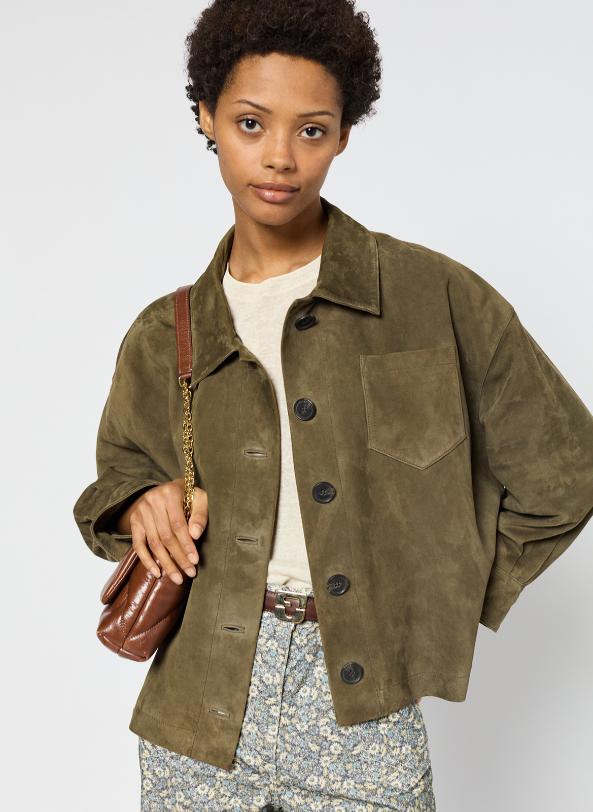 Veste droite en cuir velours GERARD DAREL Kaki