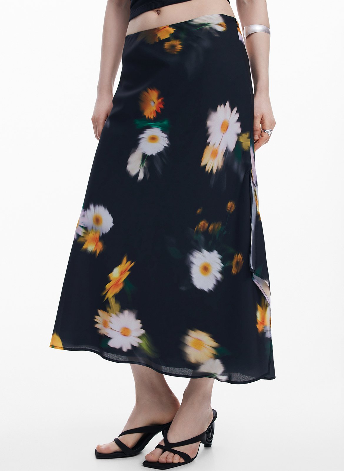 Falda midi con estampado de flores Negro Desigual Mujer Place