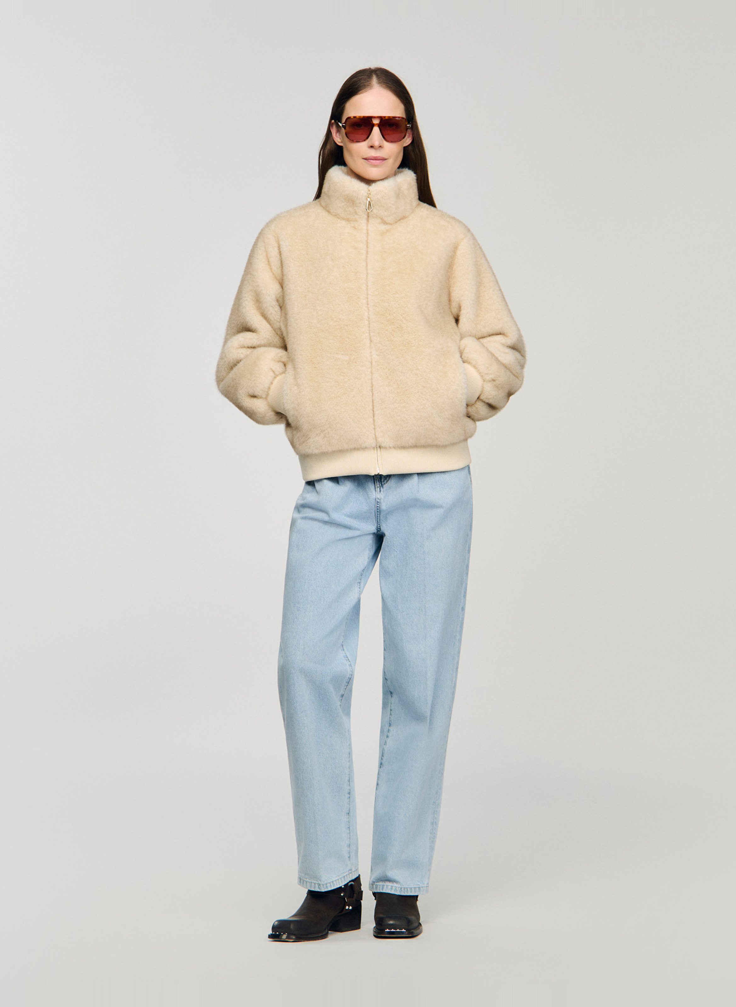 Jasje met opstaande kraag van imitatiebont SANDRO Beige