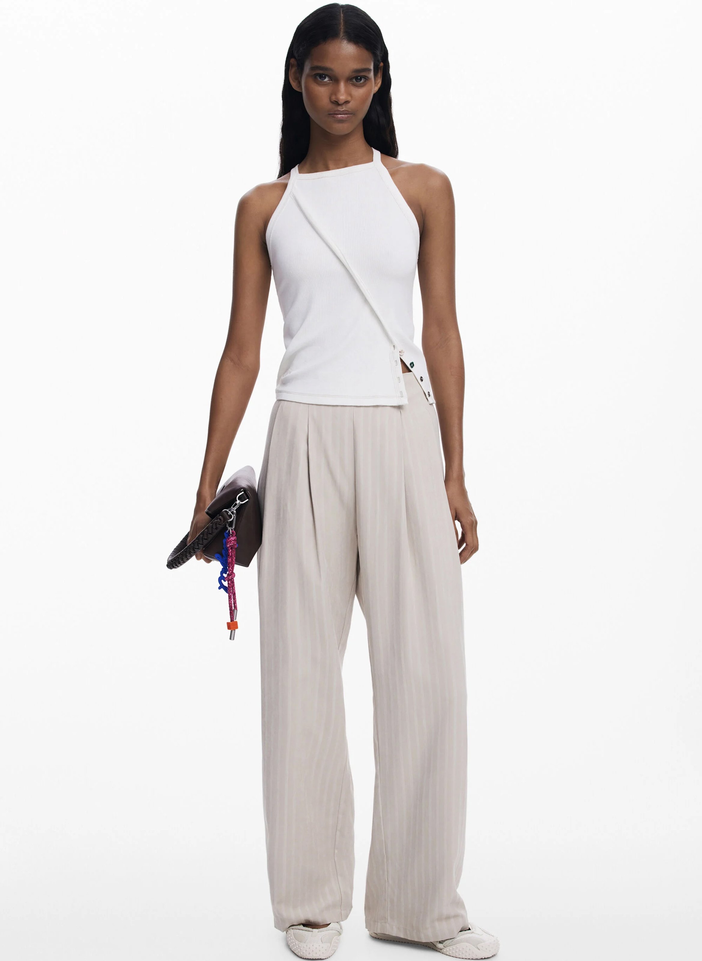 Pantalon droit à pinces rayé DESIGUAL Blanc