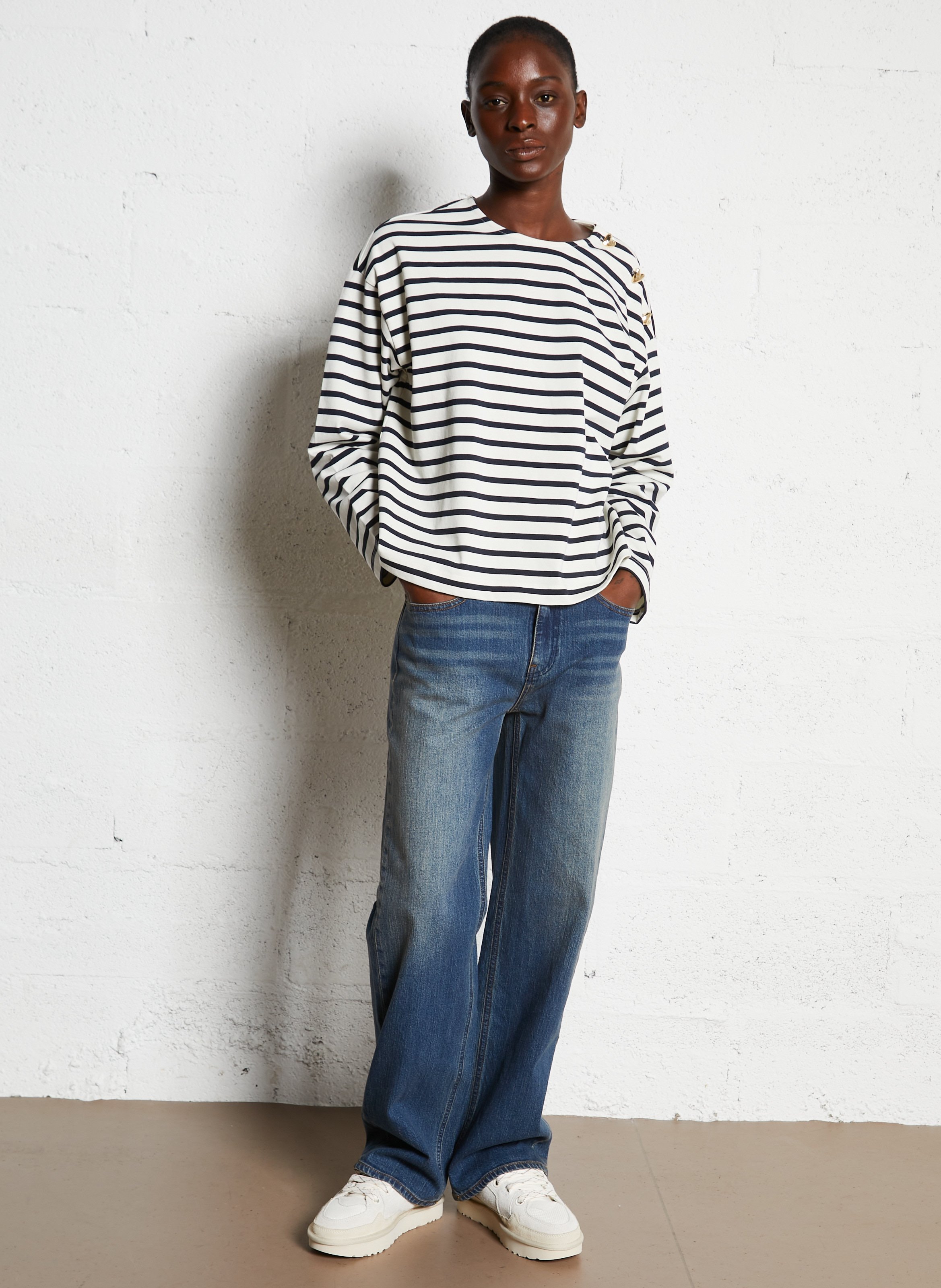 Top marinière manches longues en coton DES PETITS HAUTS Blanc