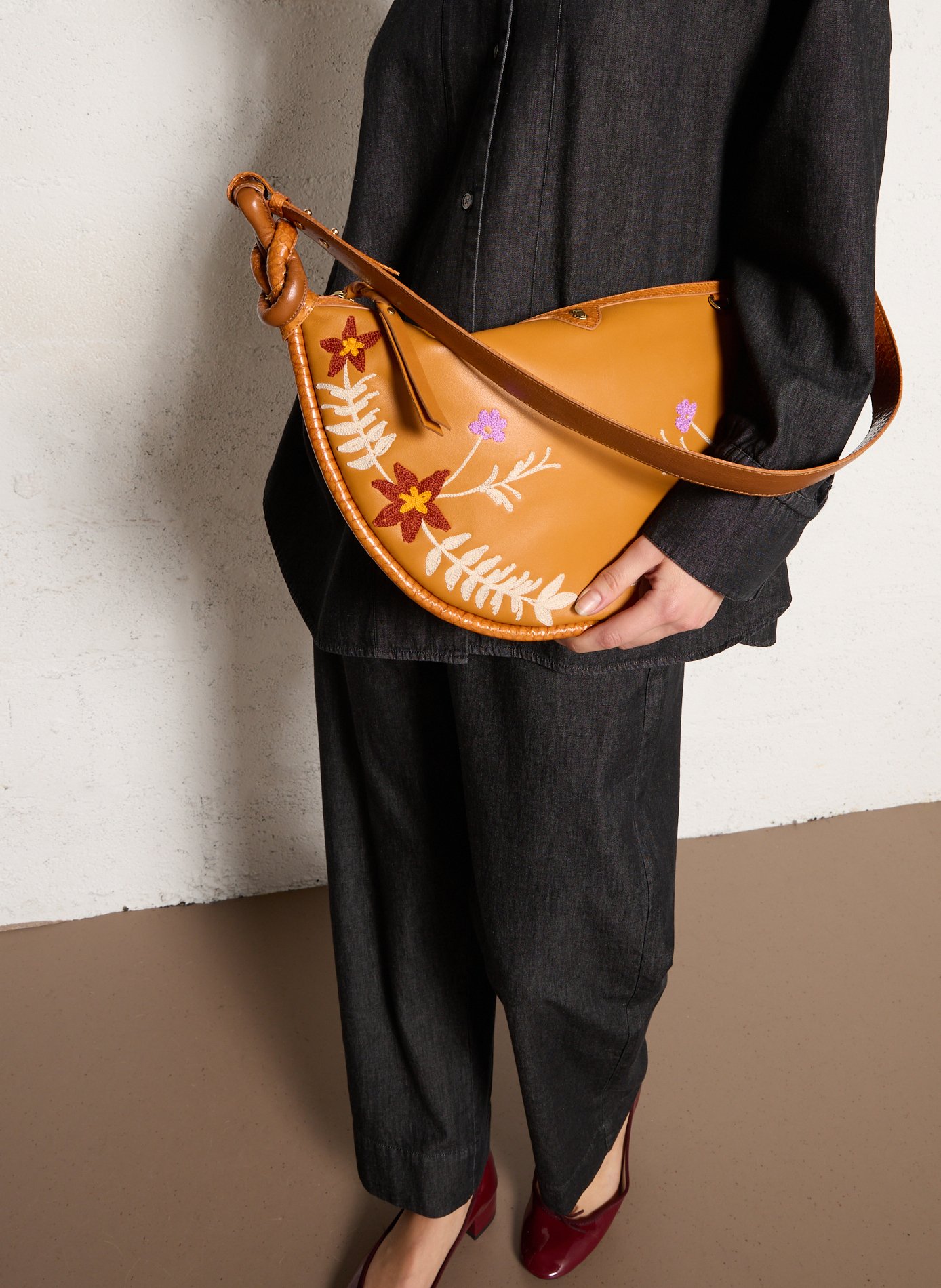 Half-moon embroidered leather bag CLARIS VIROT Brown