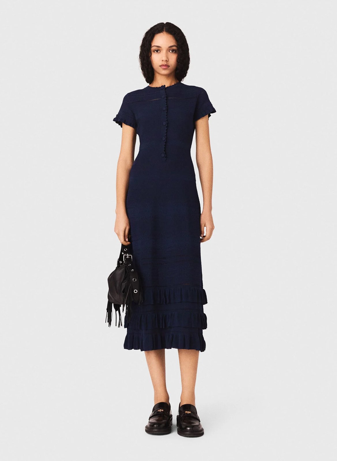 Robe longue en tissu fantaisie et volants MAJE Bleu