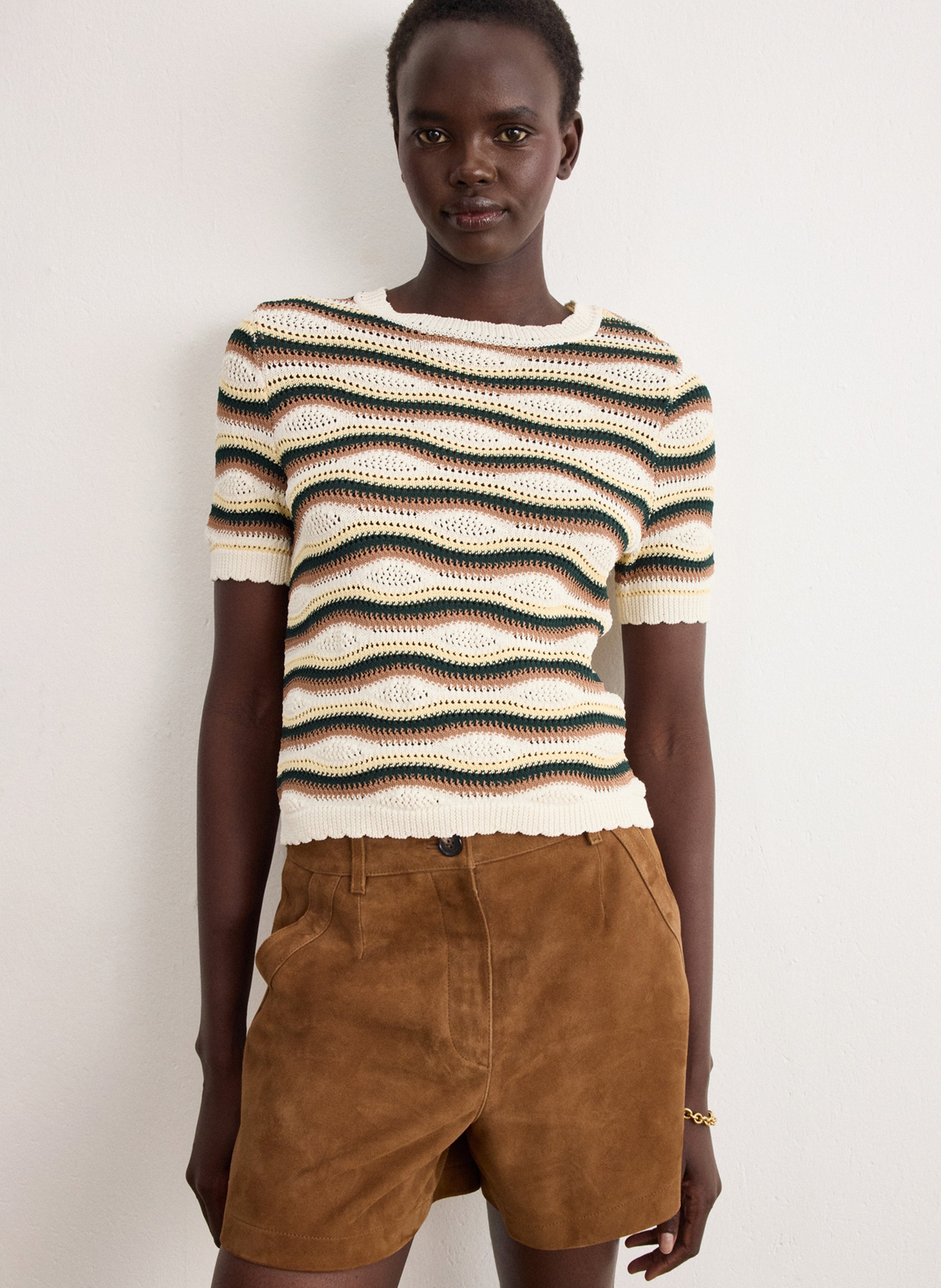 Pull droit col rond en crochet PABLO Beige