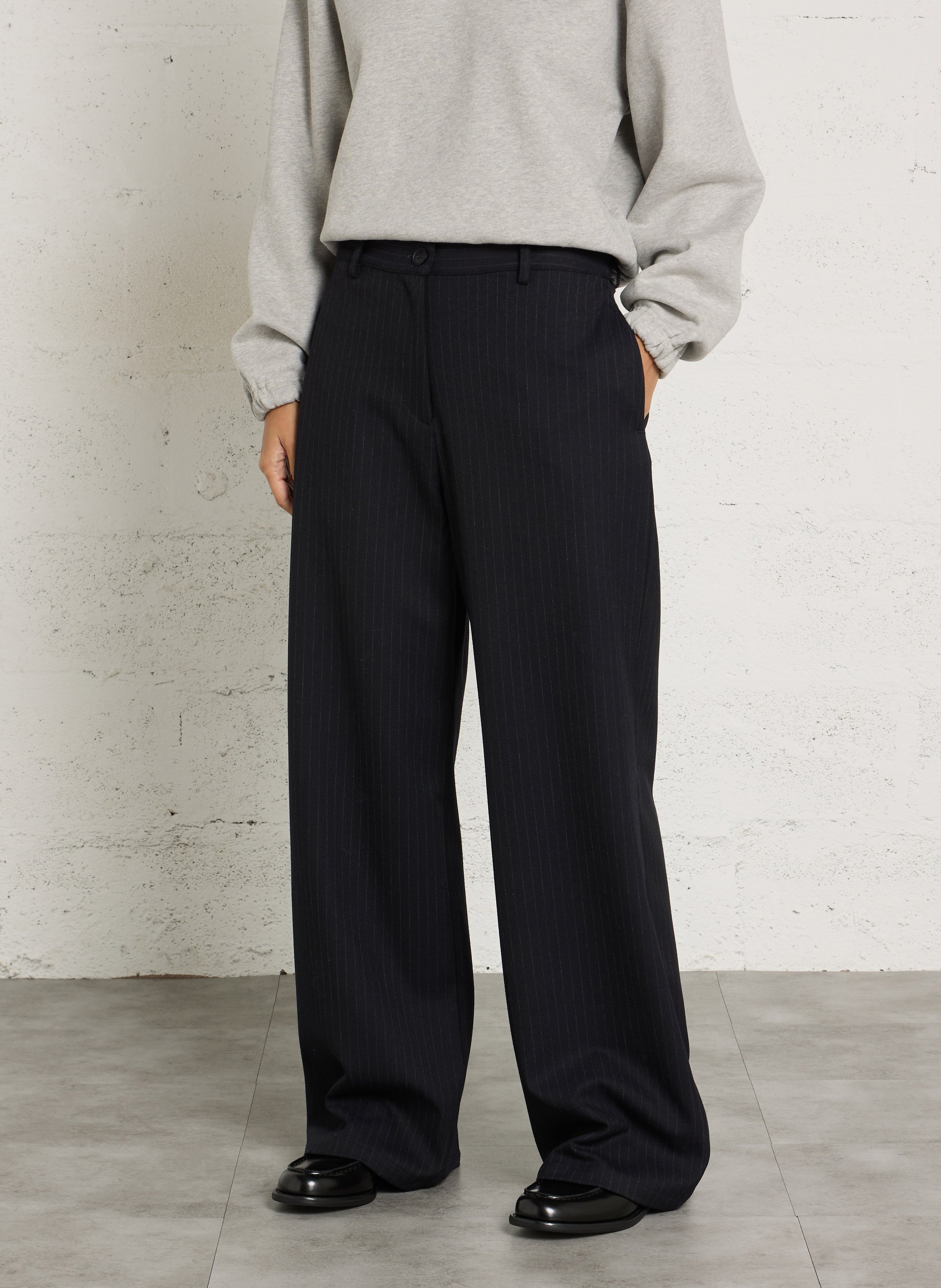 Straight Wide Striped Pleated Trousers THE NEW SOCIETY Black