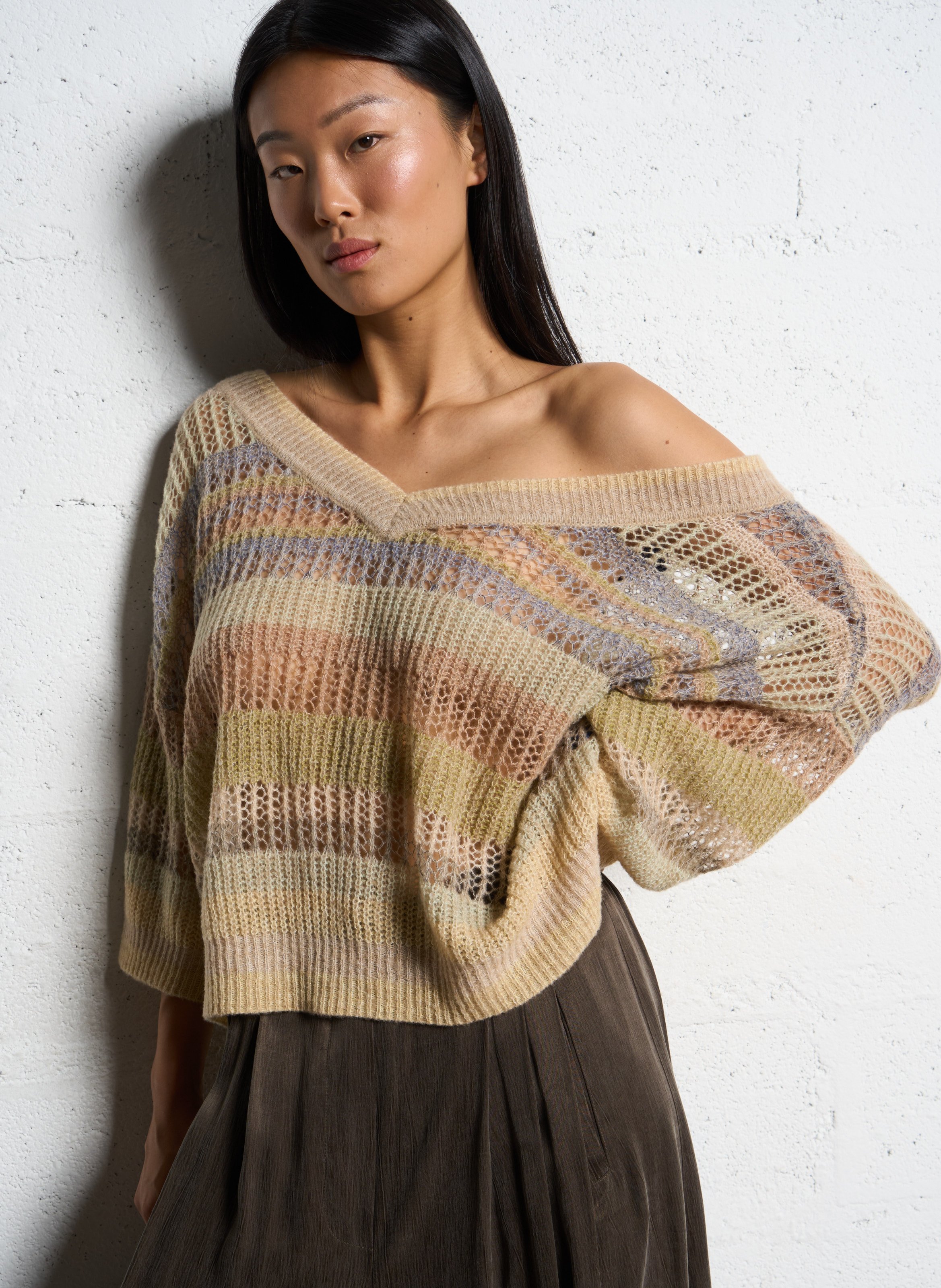 Pull rayé ample en maille ajourée MES DEMOISELLES Beige