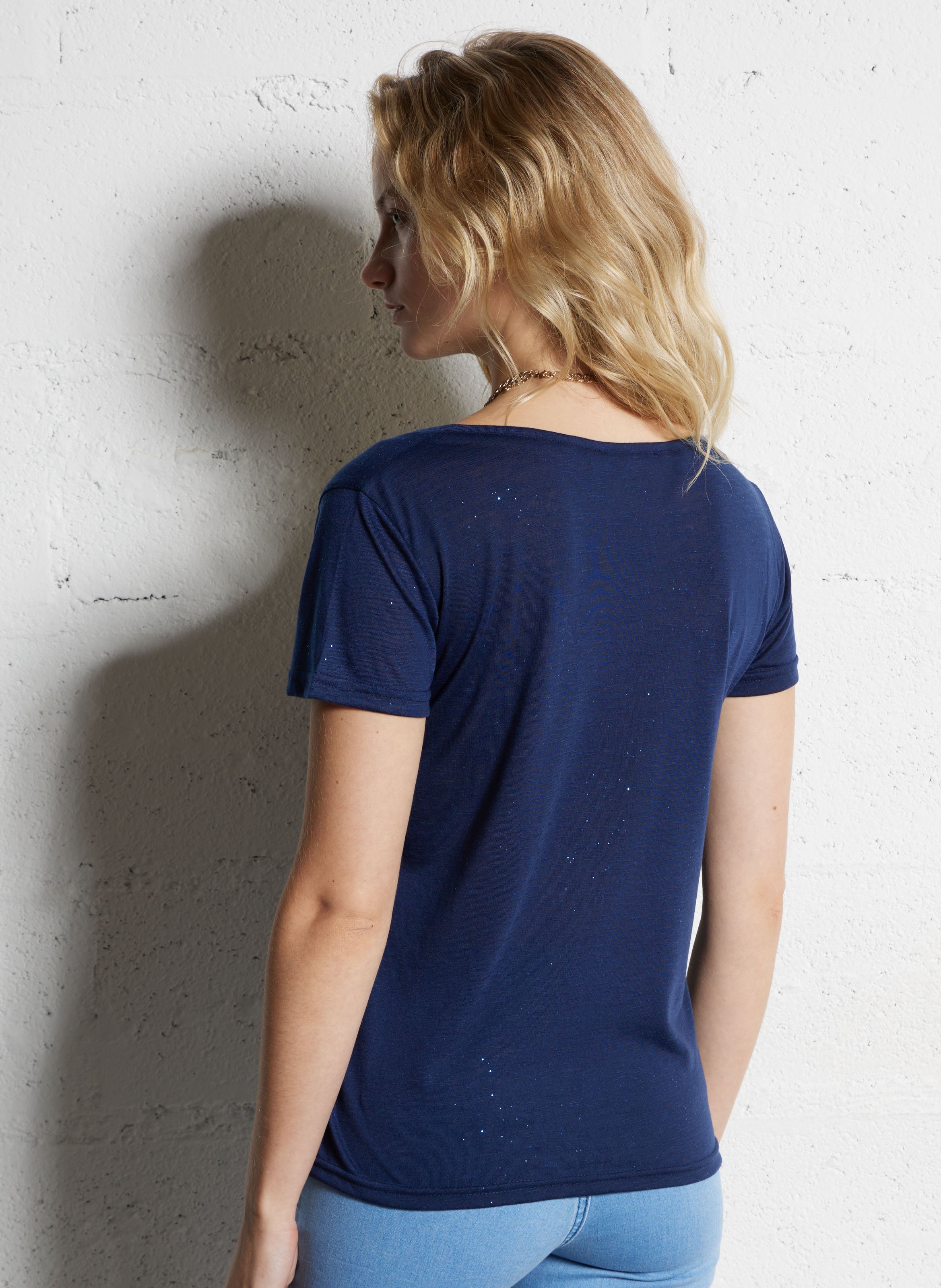 Tee-shirt col V droit pailleté LA PETITE ETOILE Bleu