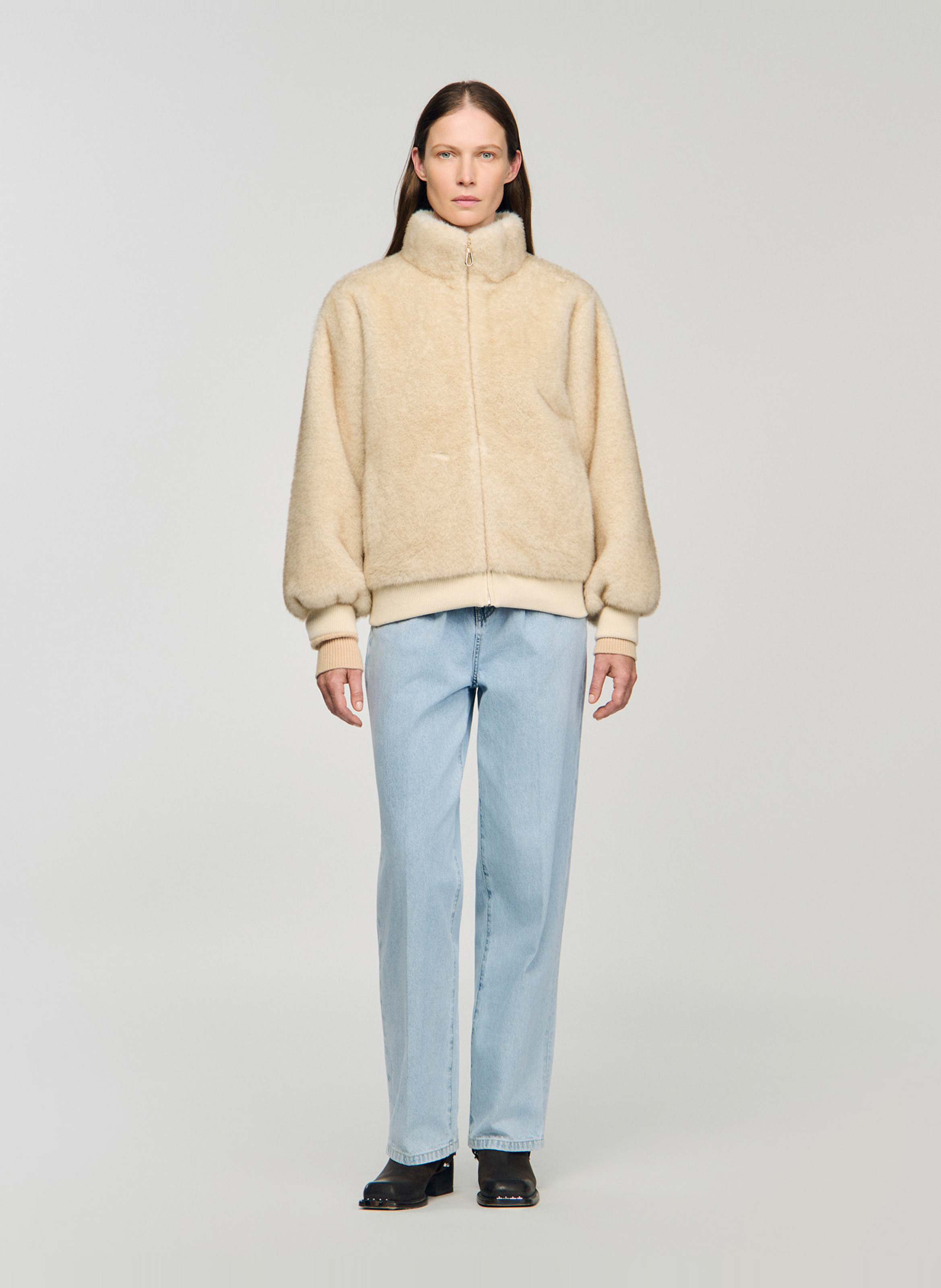 Jasje met opstaande kraag van imitatiebont SANDRO Beige