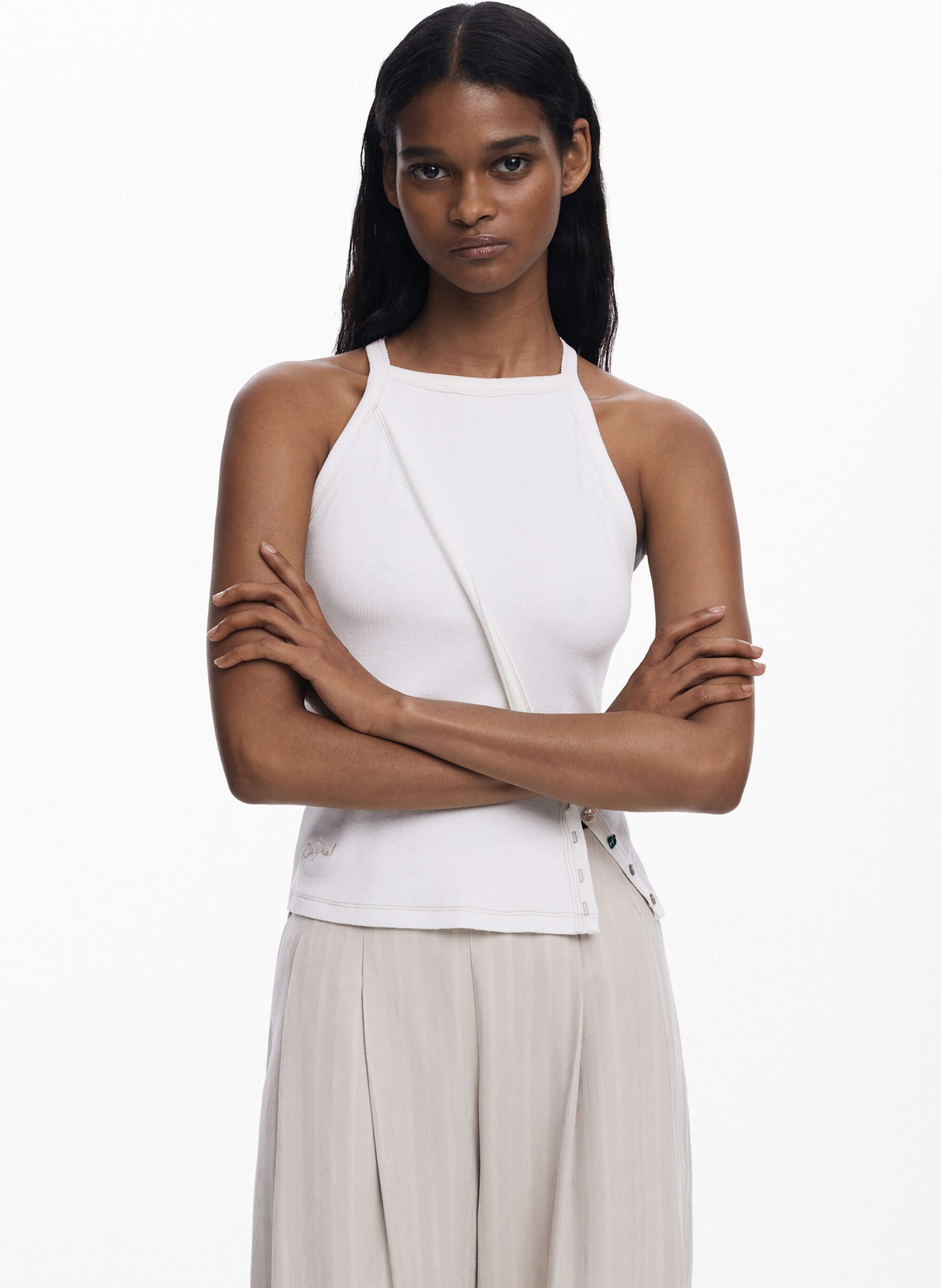 Pantalon droit à pinces rayé DESIGUAL Blanc