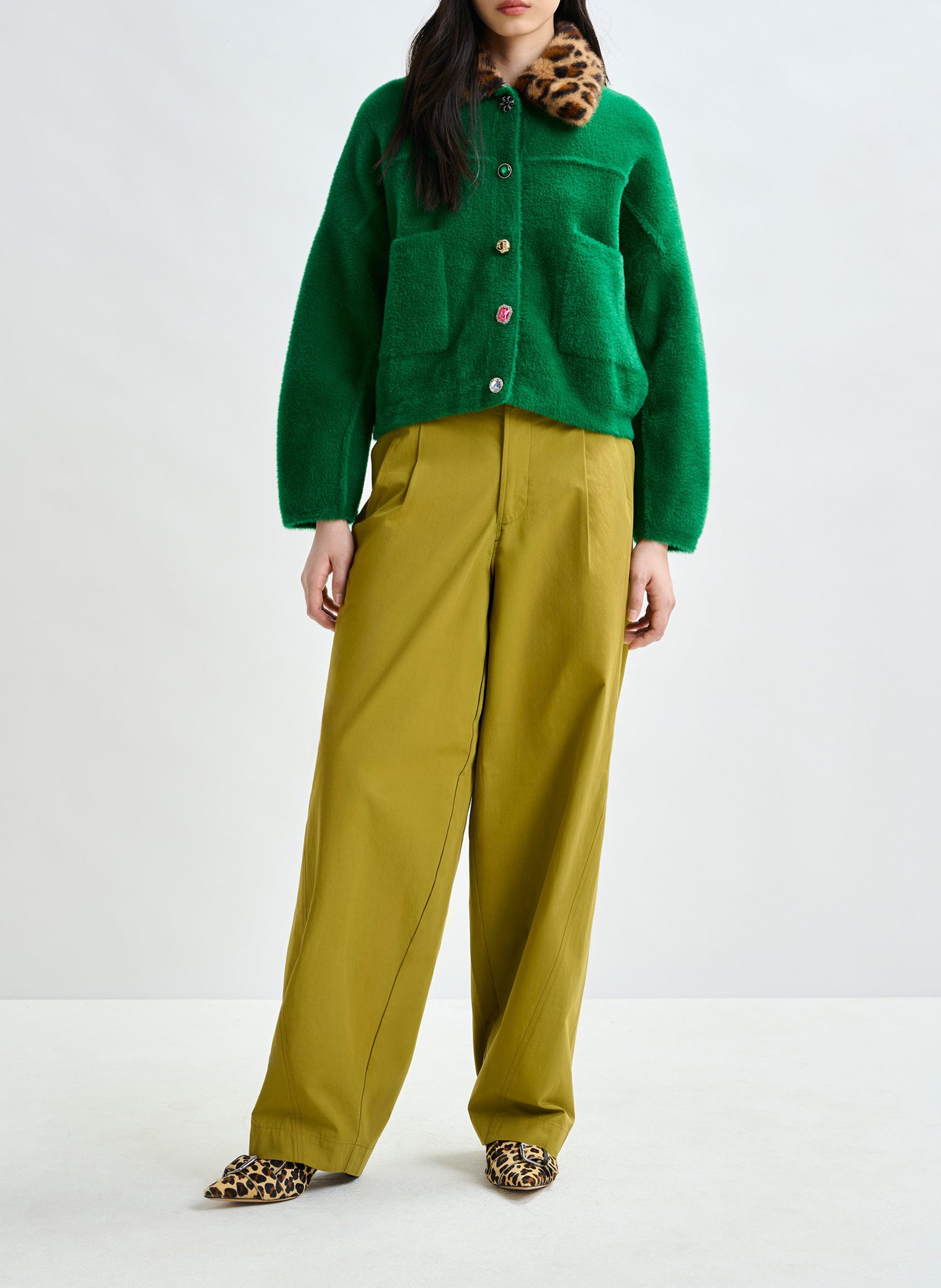 Cardigan ample à col fourrure amovible ESSENTIEL ANTWERP Vert