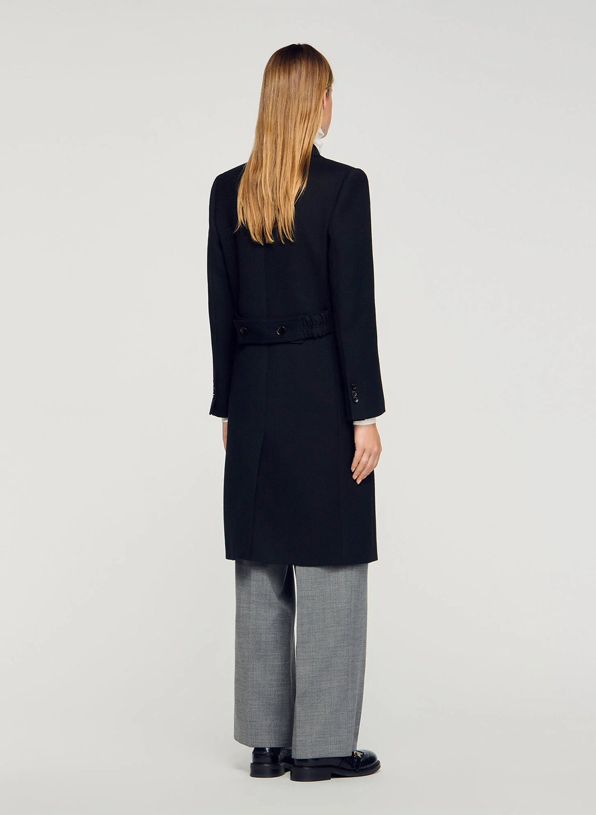 Long straight coat with satin lapels SANDRO Black