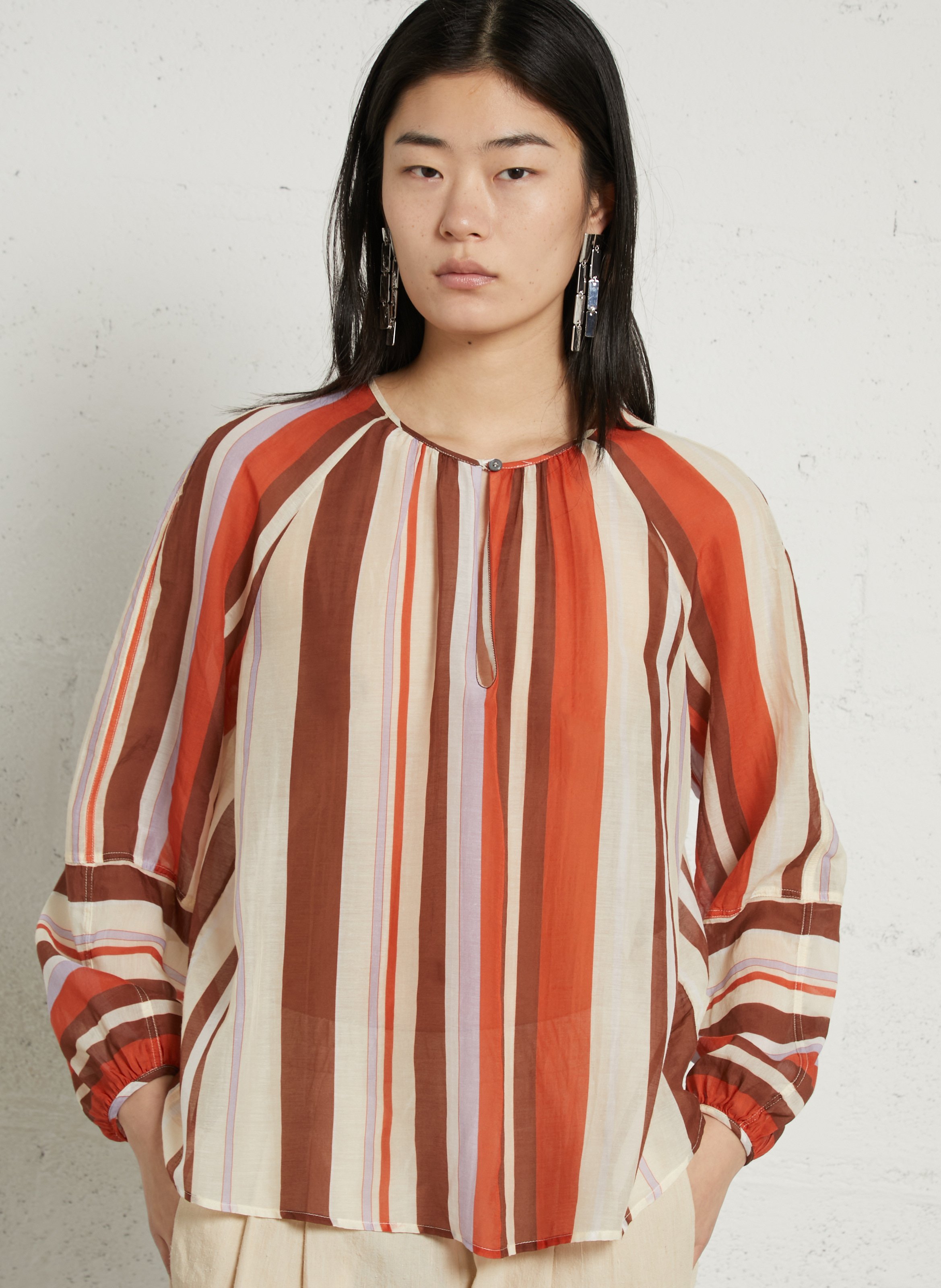 Oversize Rundhalsbluse aus Baumwolle und Seide gestreift POMANDERE Orange