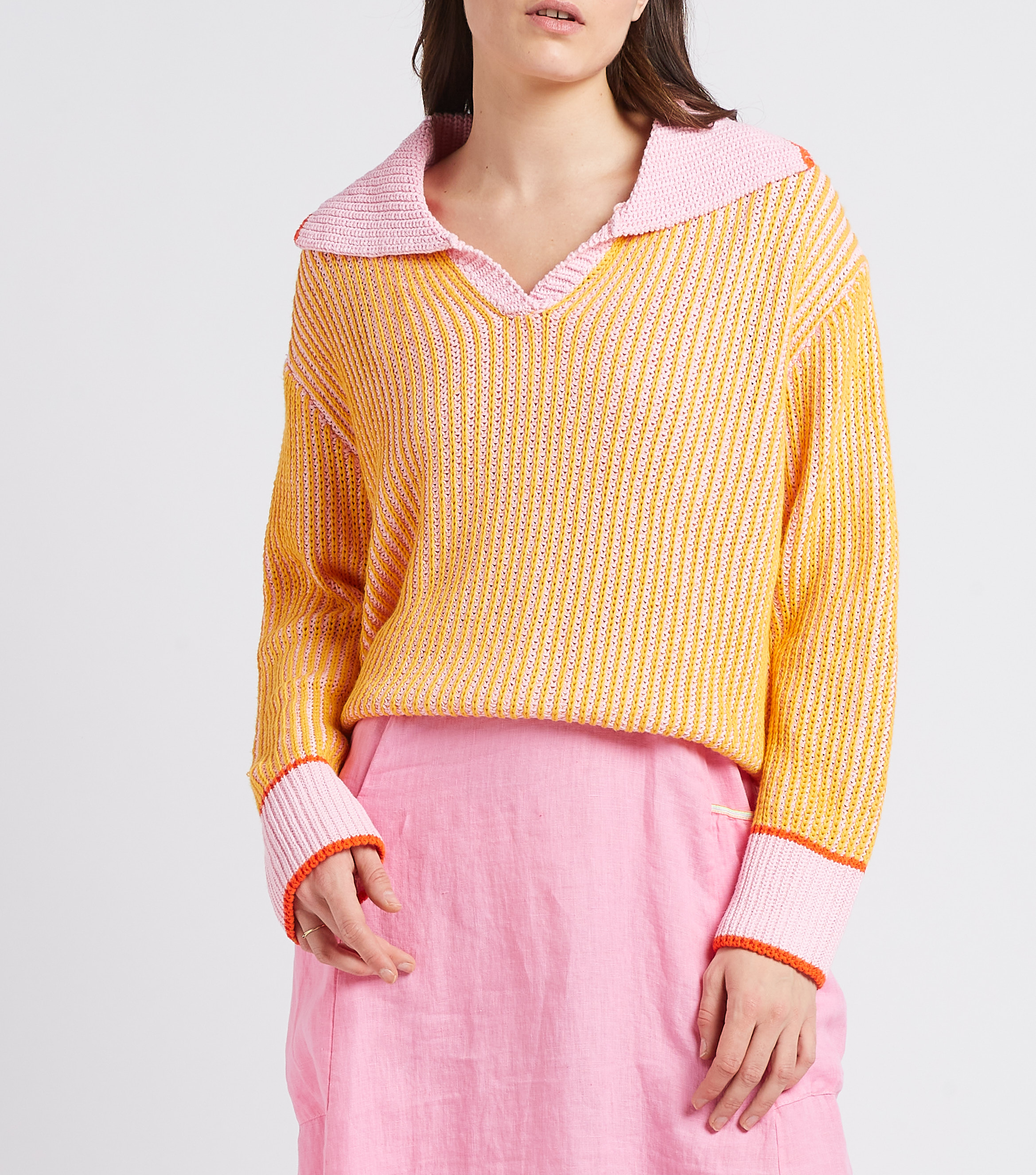 Striped cotton-blend mixed-knit sweater with lapels DR BLOOM Beige