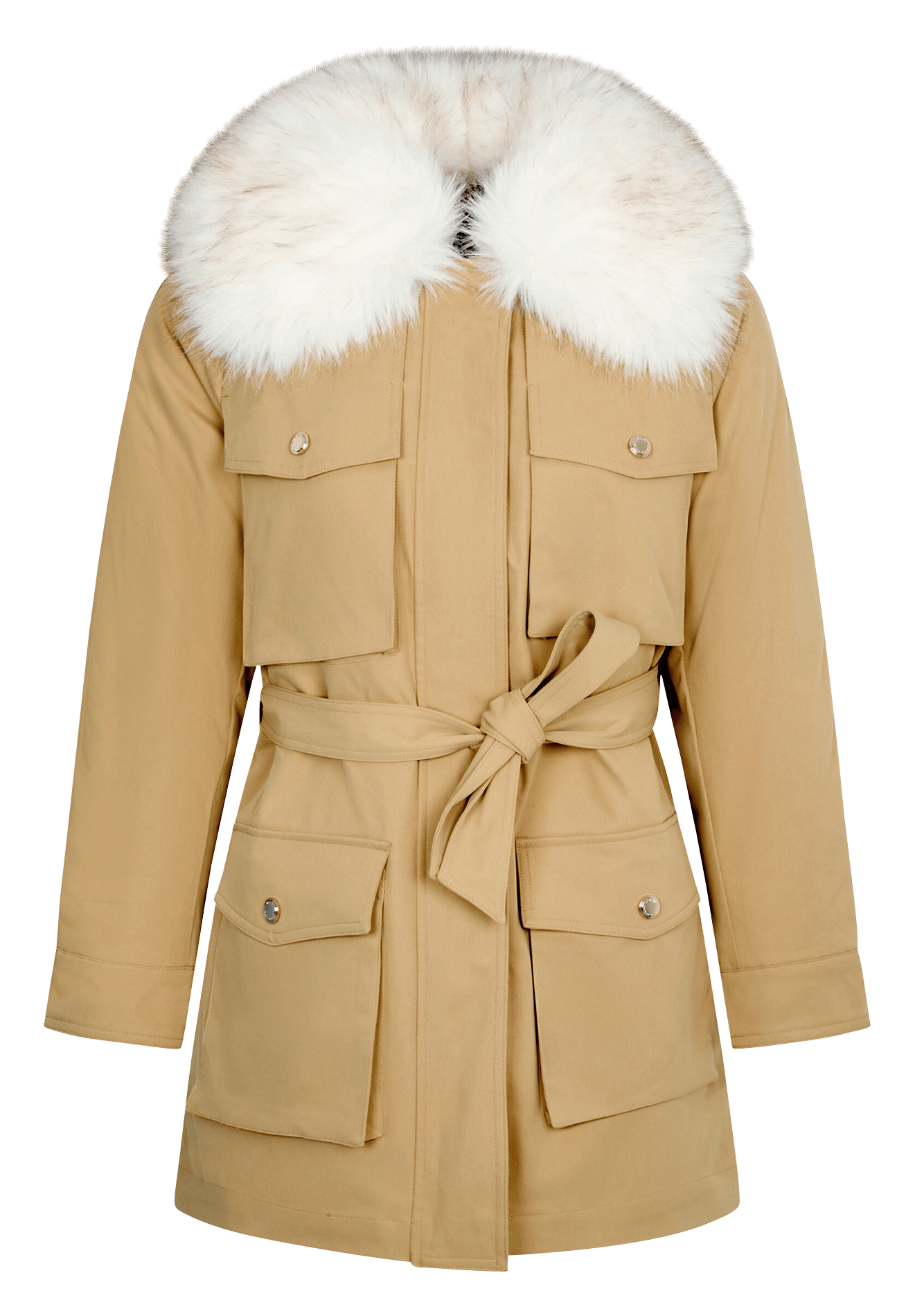 Parka droite ceinturée à col effet fourrure MORGAN Beige