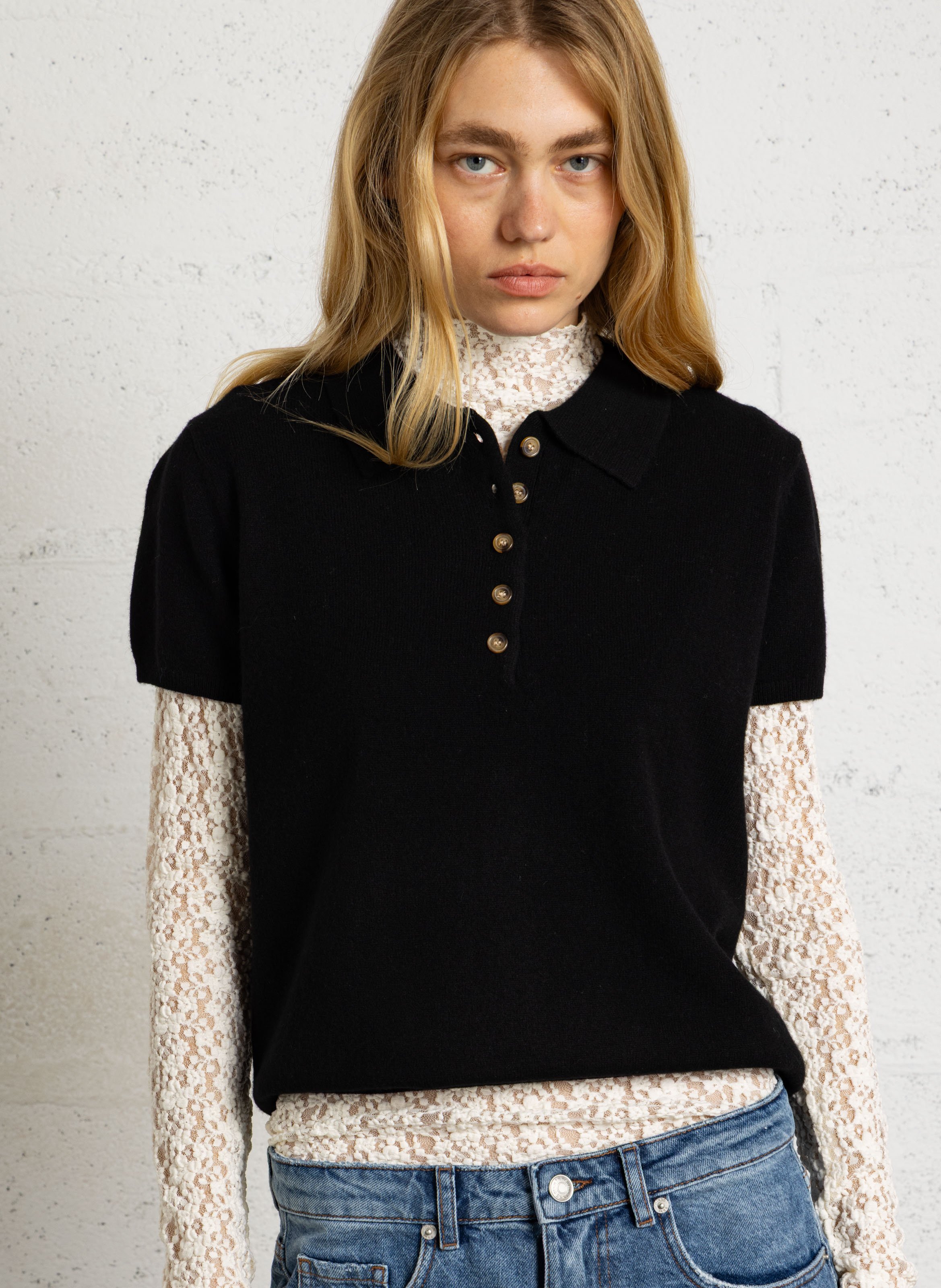 Polo-pullover met knopen van wol JC SOPHIE Zwart