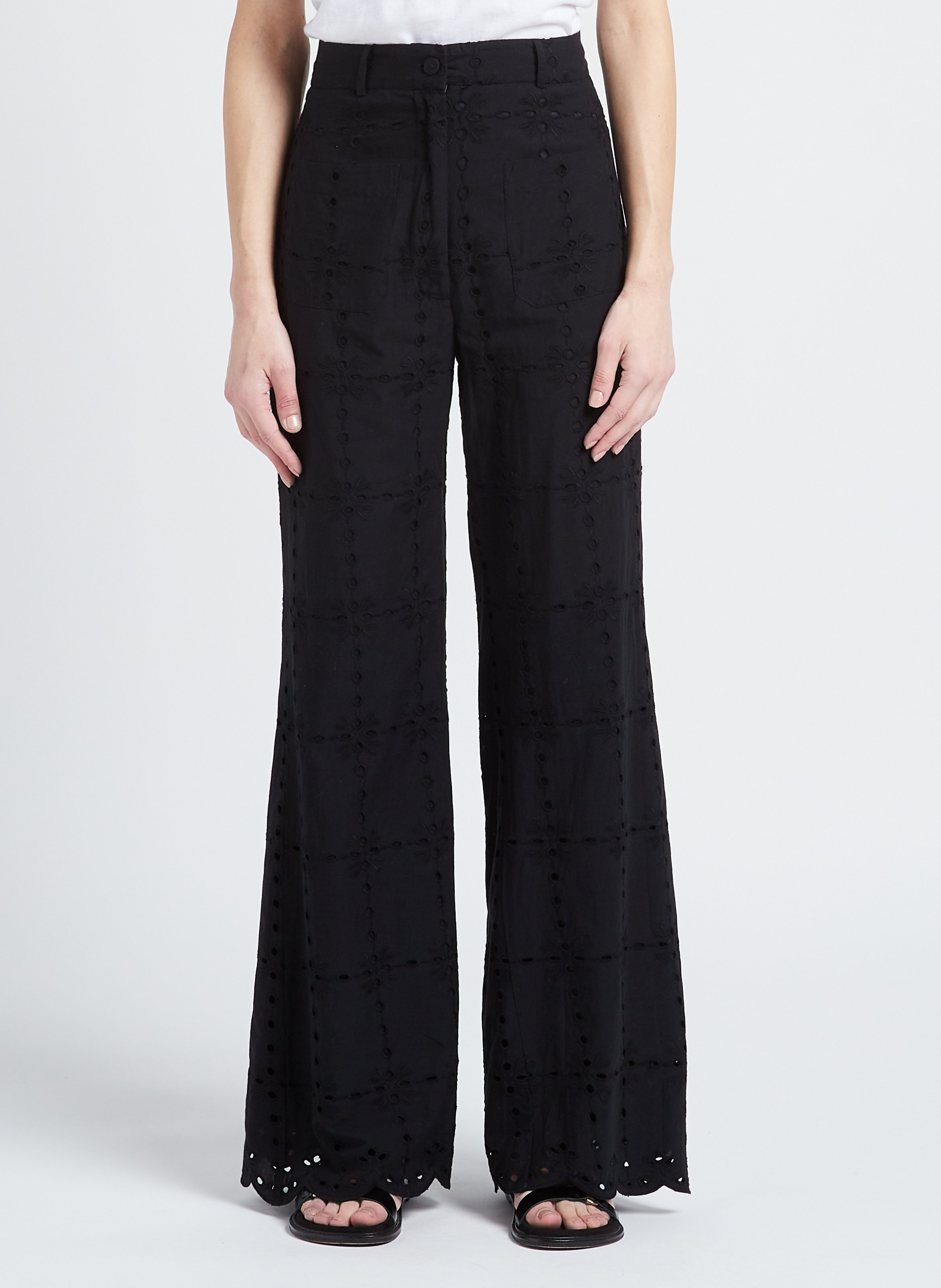 Embroidered cotton flared pants BELLEPIECE Black