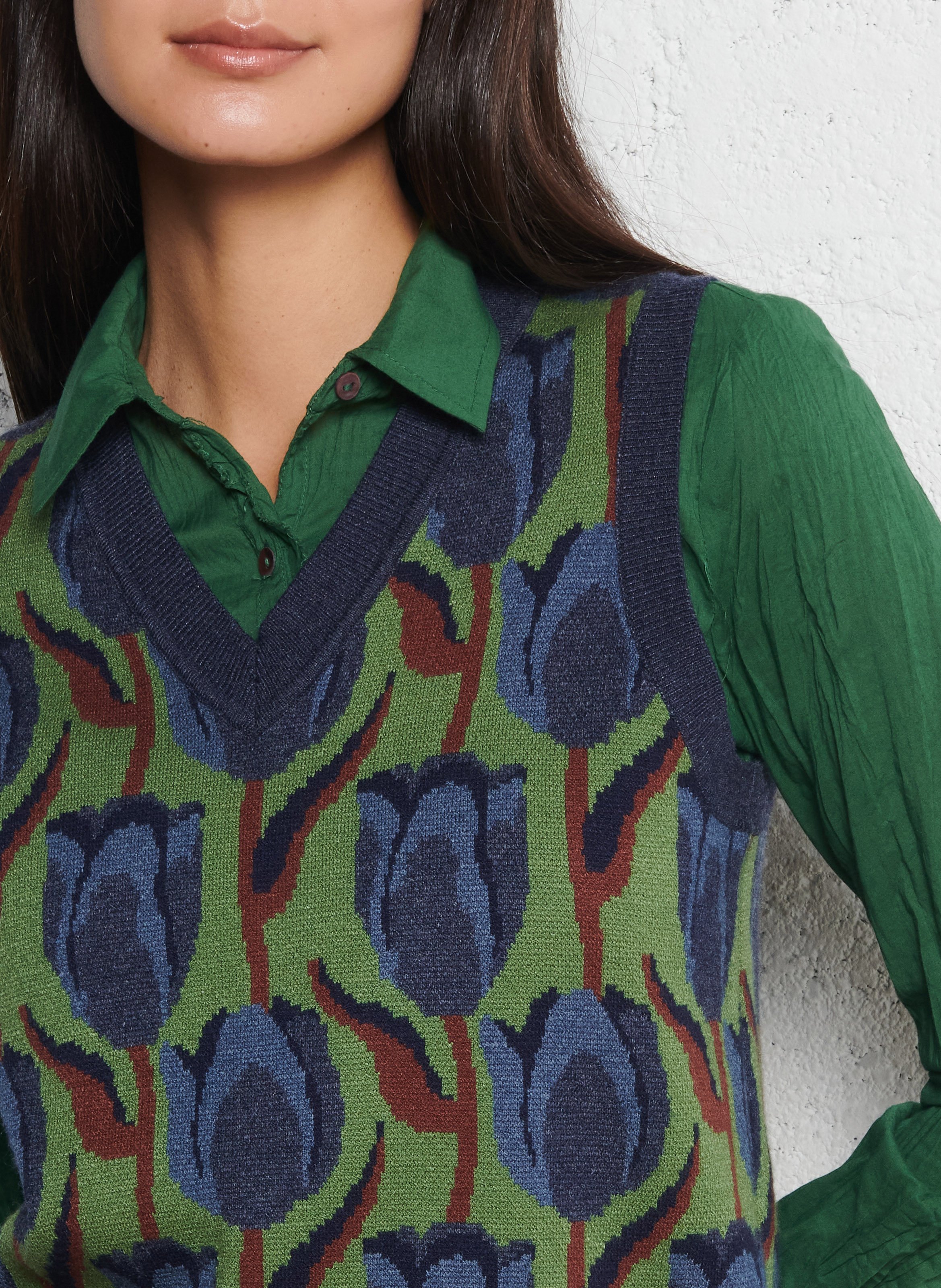 Pull sans manches col v à motifs tulipes NICE THINGS Vert