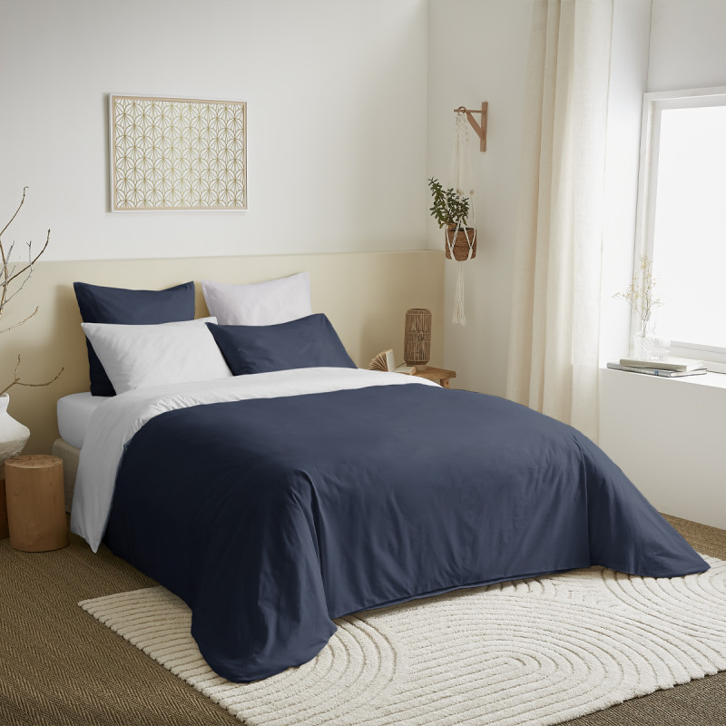Complete set of 6 pieces navy/white reversible duvet cover for bed 140 x 190 cm COTON PUR White