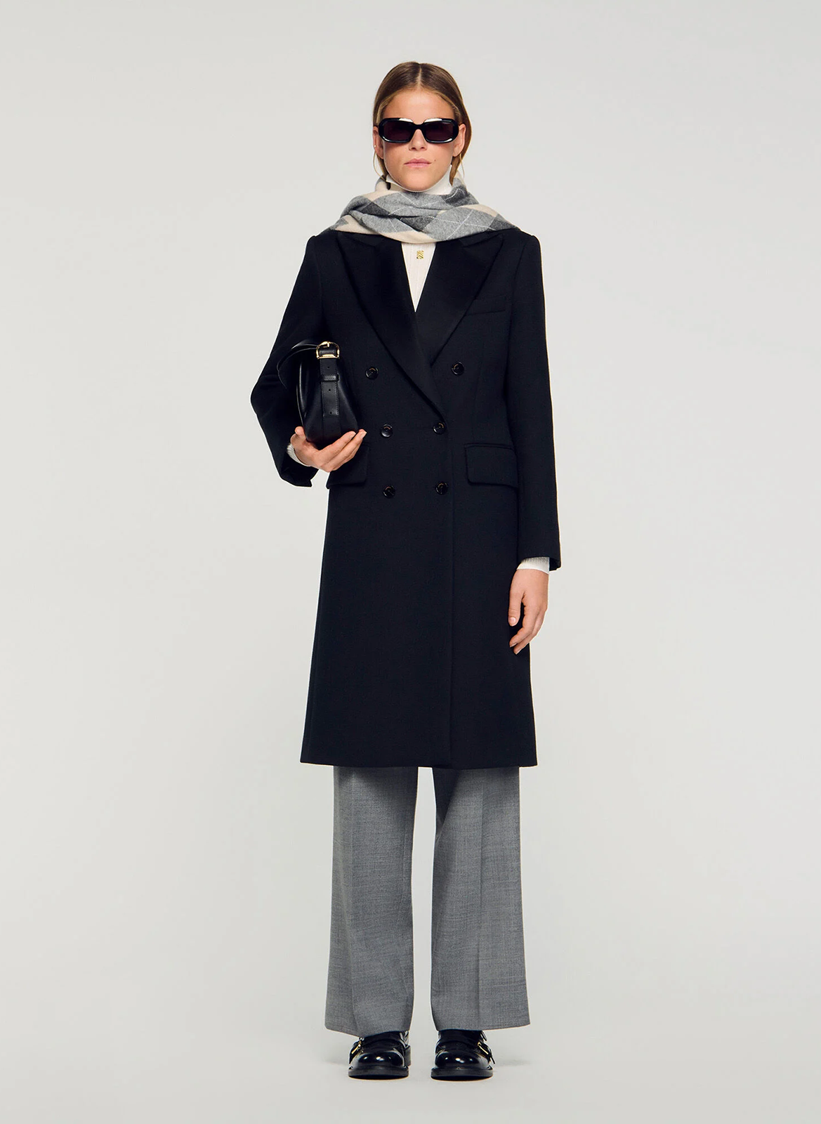 Long straight coat with satin lapels SANDRO Black