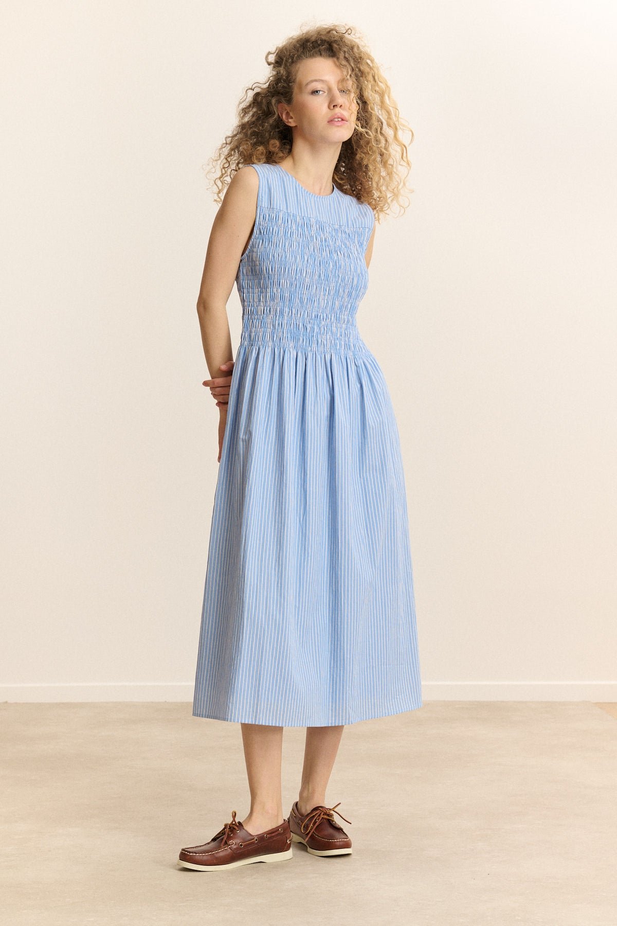 Striped smocked midi dress GARANCE PARIS Blue