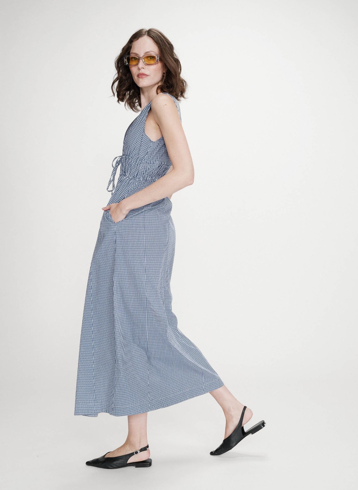 Robe longue col V à carreaux GRACE ET MILA Bleu