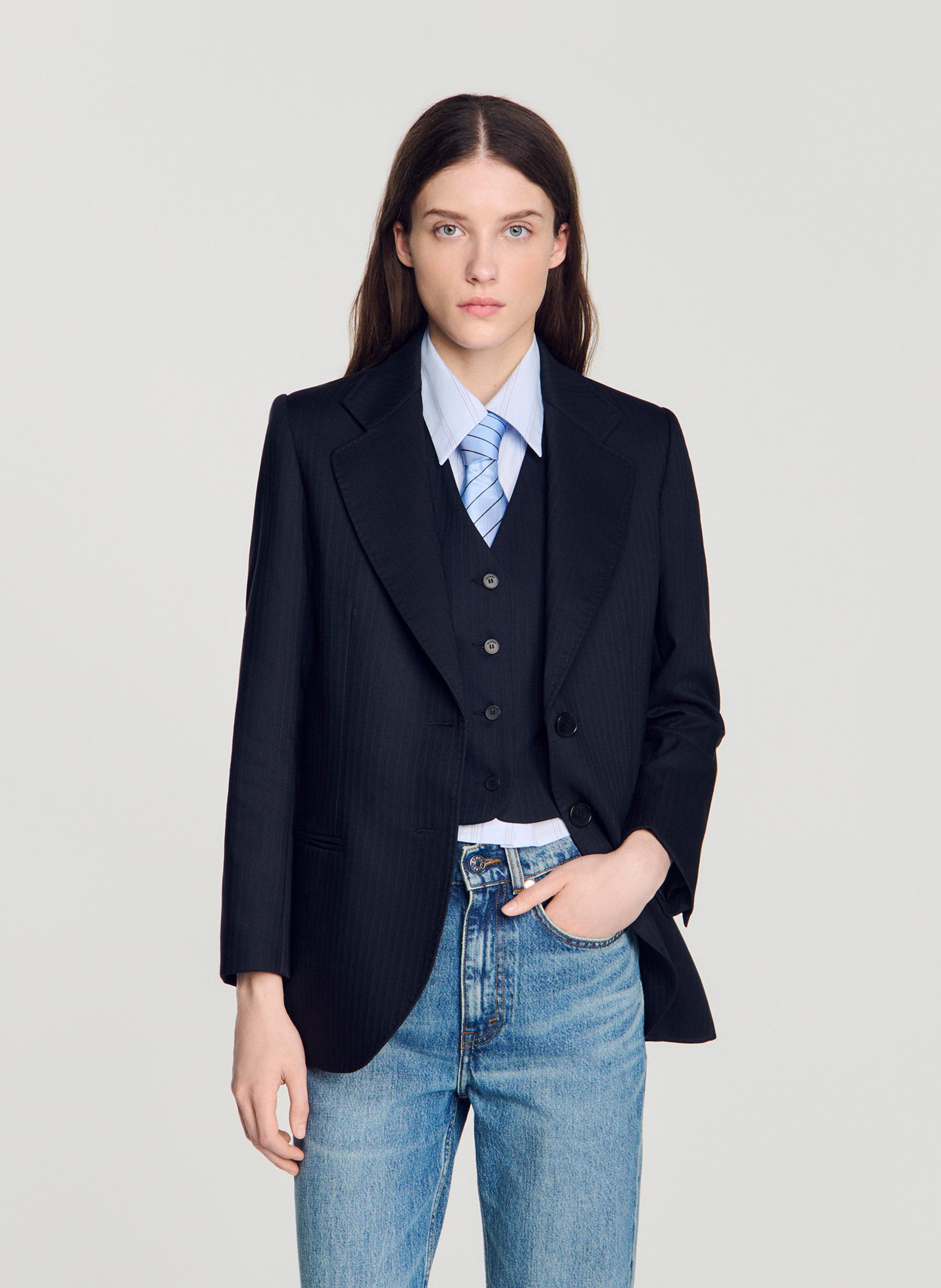 Veste de tailleur ajustée en laine mélangée SANDRO Bleu