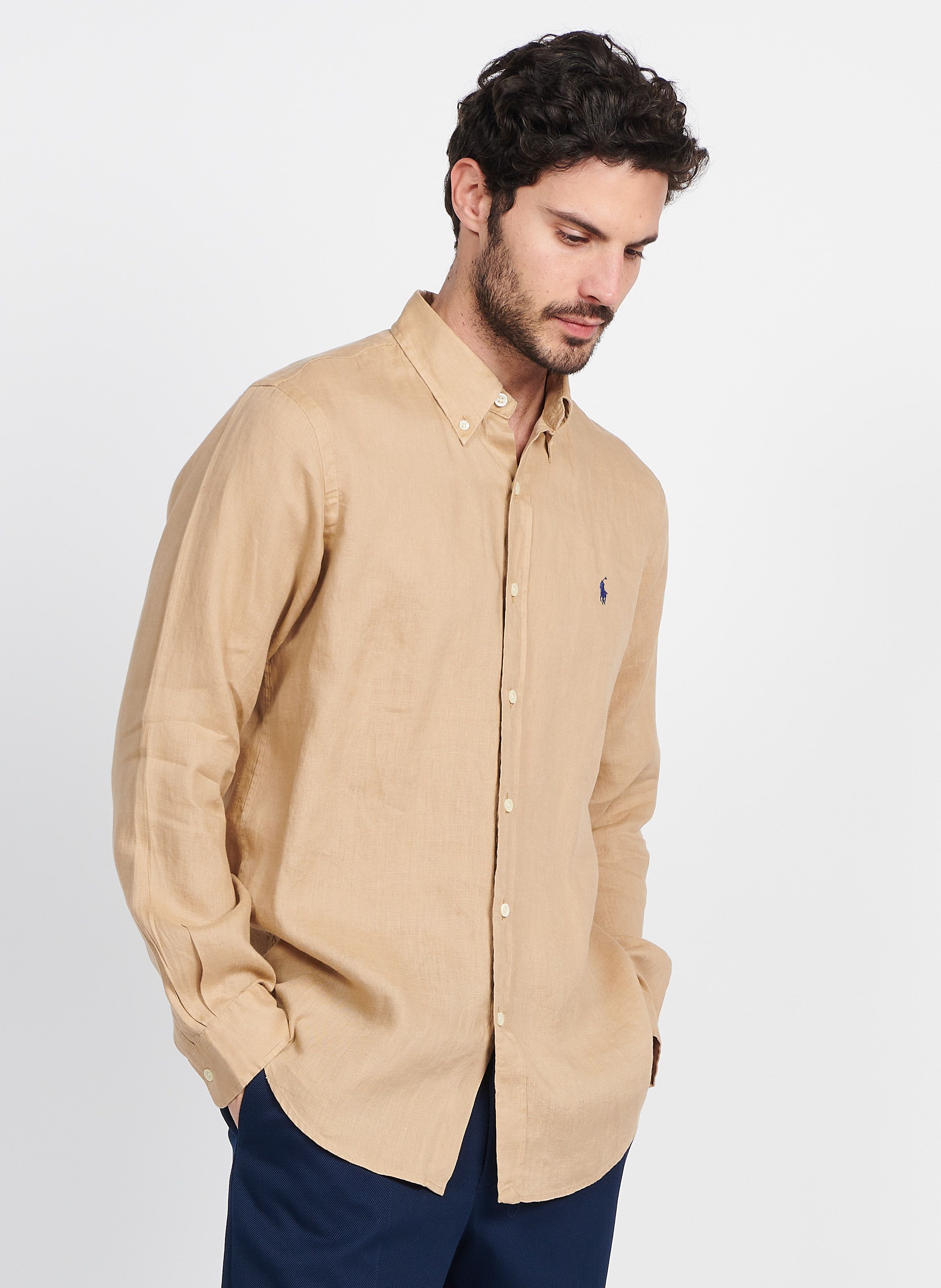 Khaki Regular fit linen shirt with button down collar