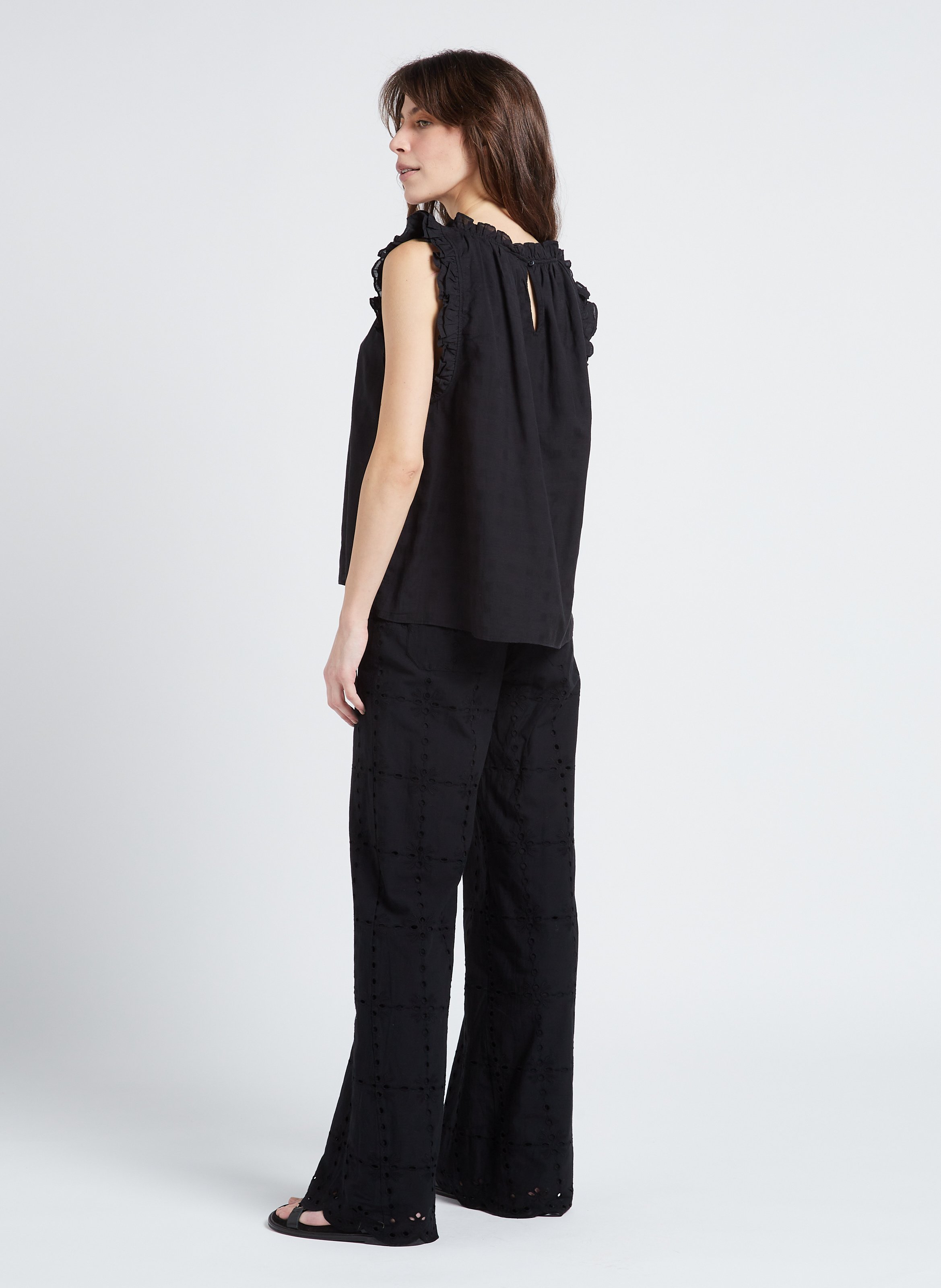 Embroidered cotton flared pants BELLEPIECE Black