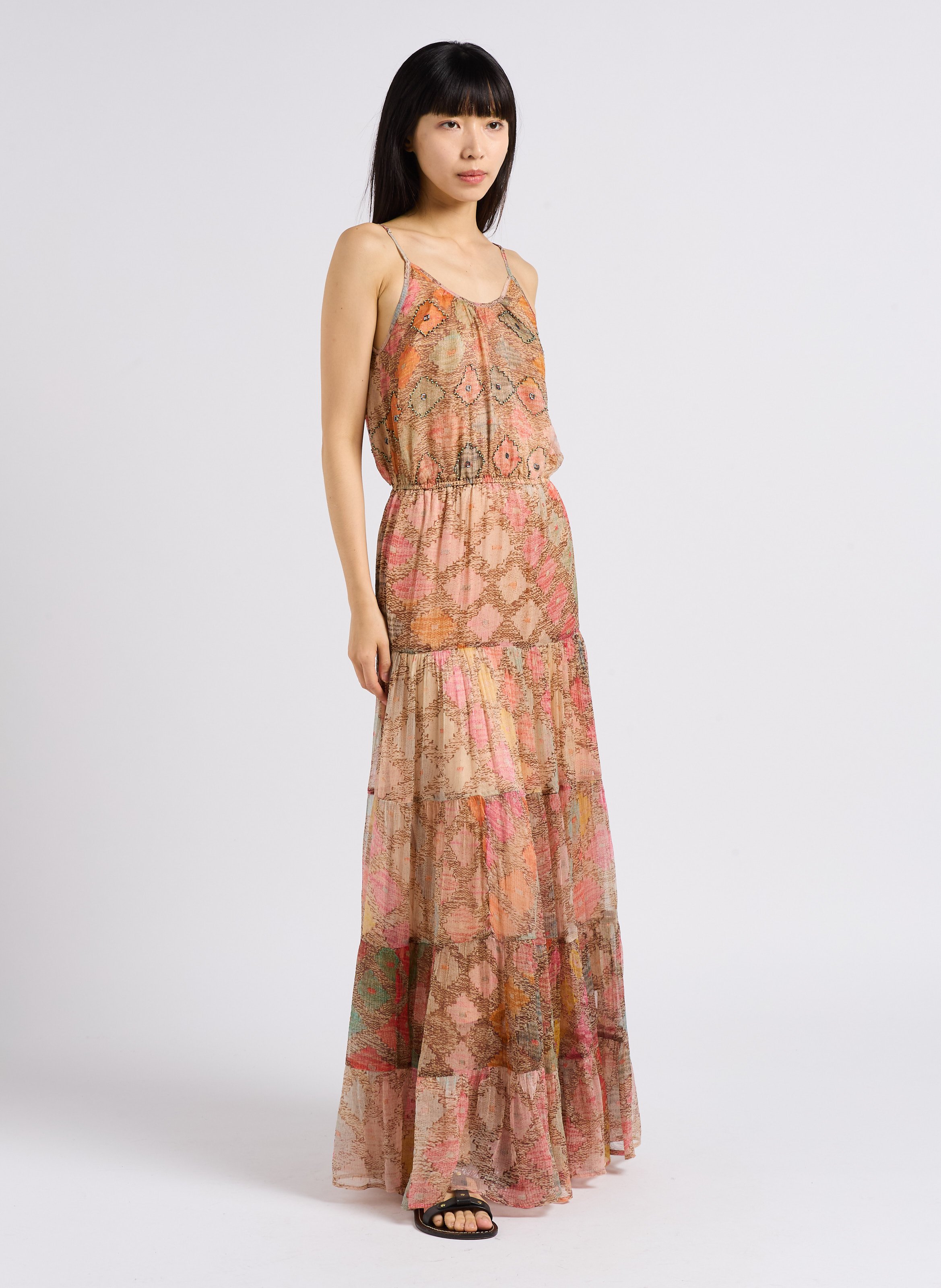 Robe longue droite encolure ronde imprimée MES DEMOISELLES Multicolore