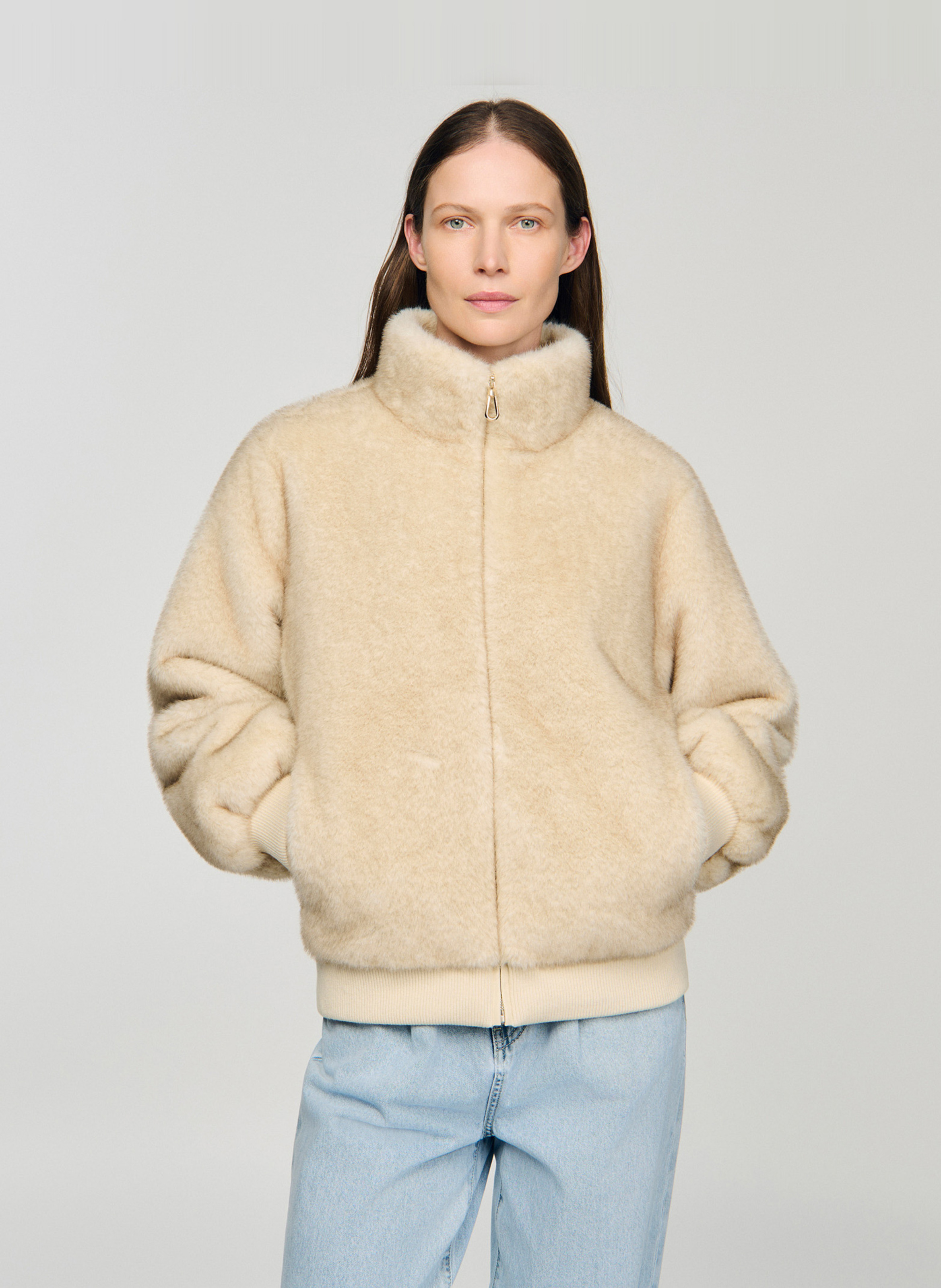 Jasje met opstaande kraag van imitatiebont SANDRO Beige