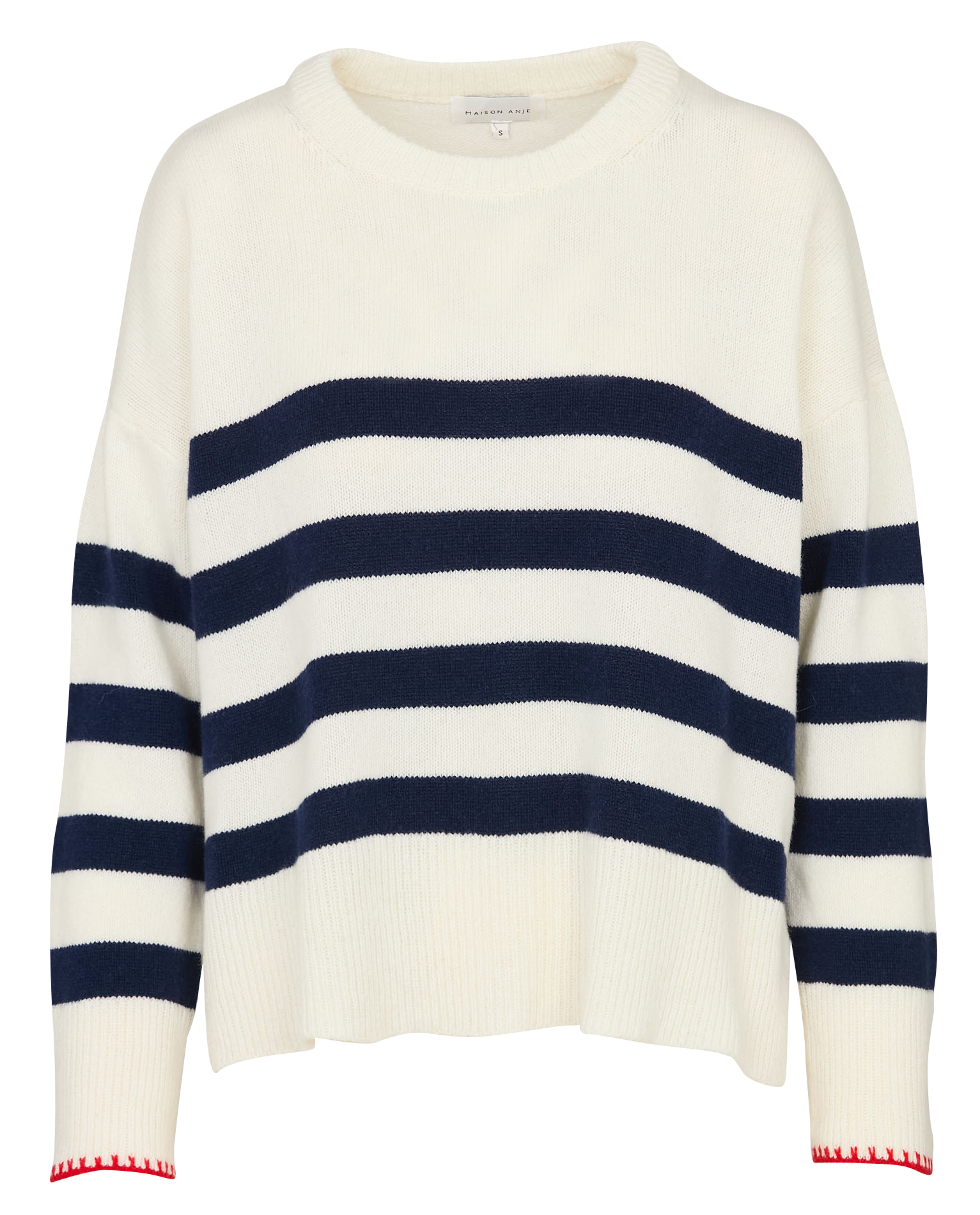 Pull ample col rond rayé en laine et cachemire MAISON ANJE Blanc