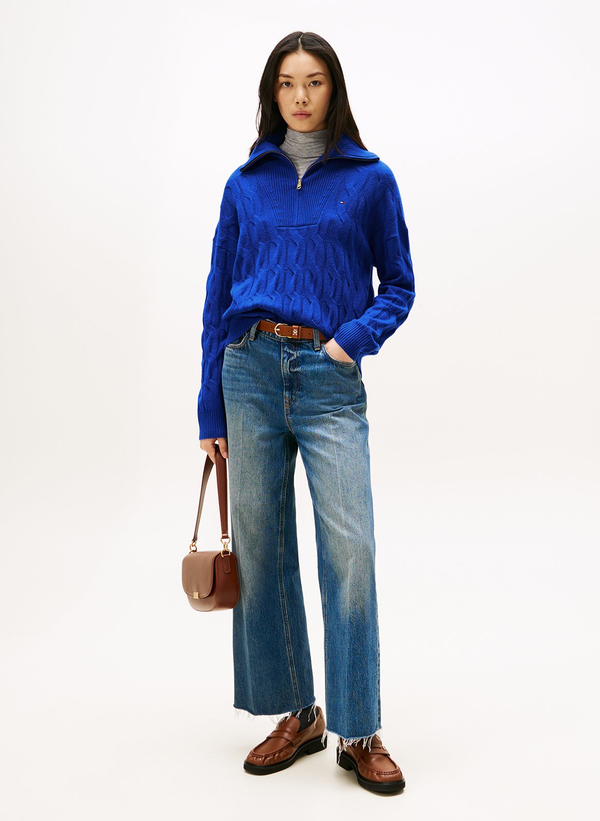 Pull col zippé en maille tressée TOMMY HILFIGER Bleu