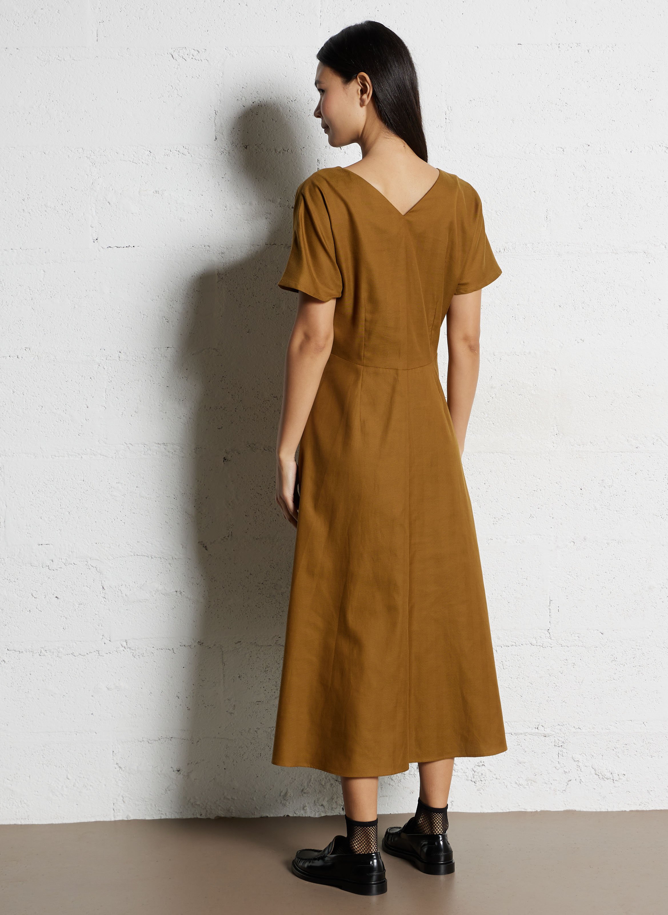 Robe midi évasée unie Marron