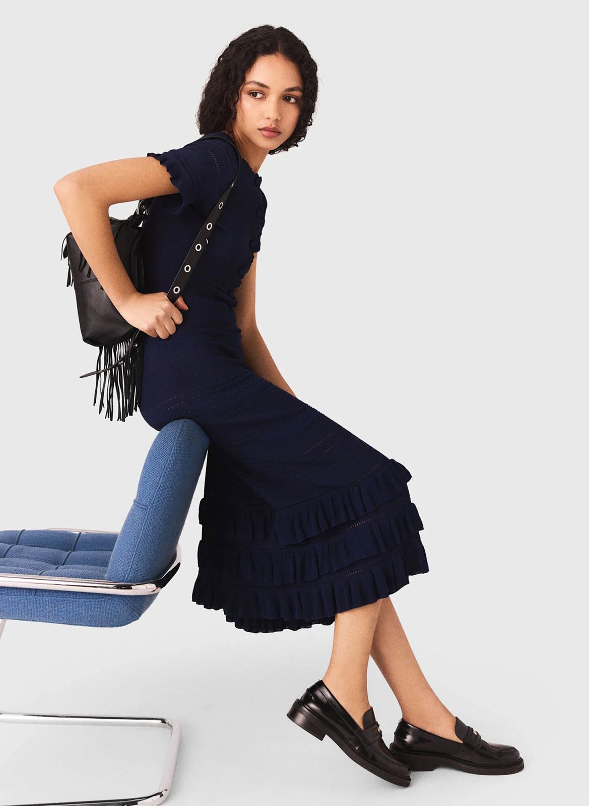 Robe longue en tissu fantaisie et volants MAJE Bleu