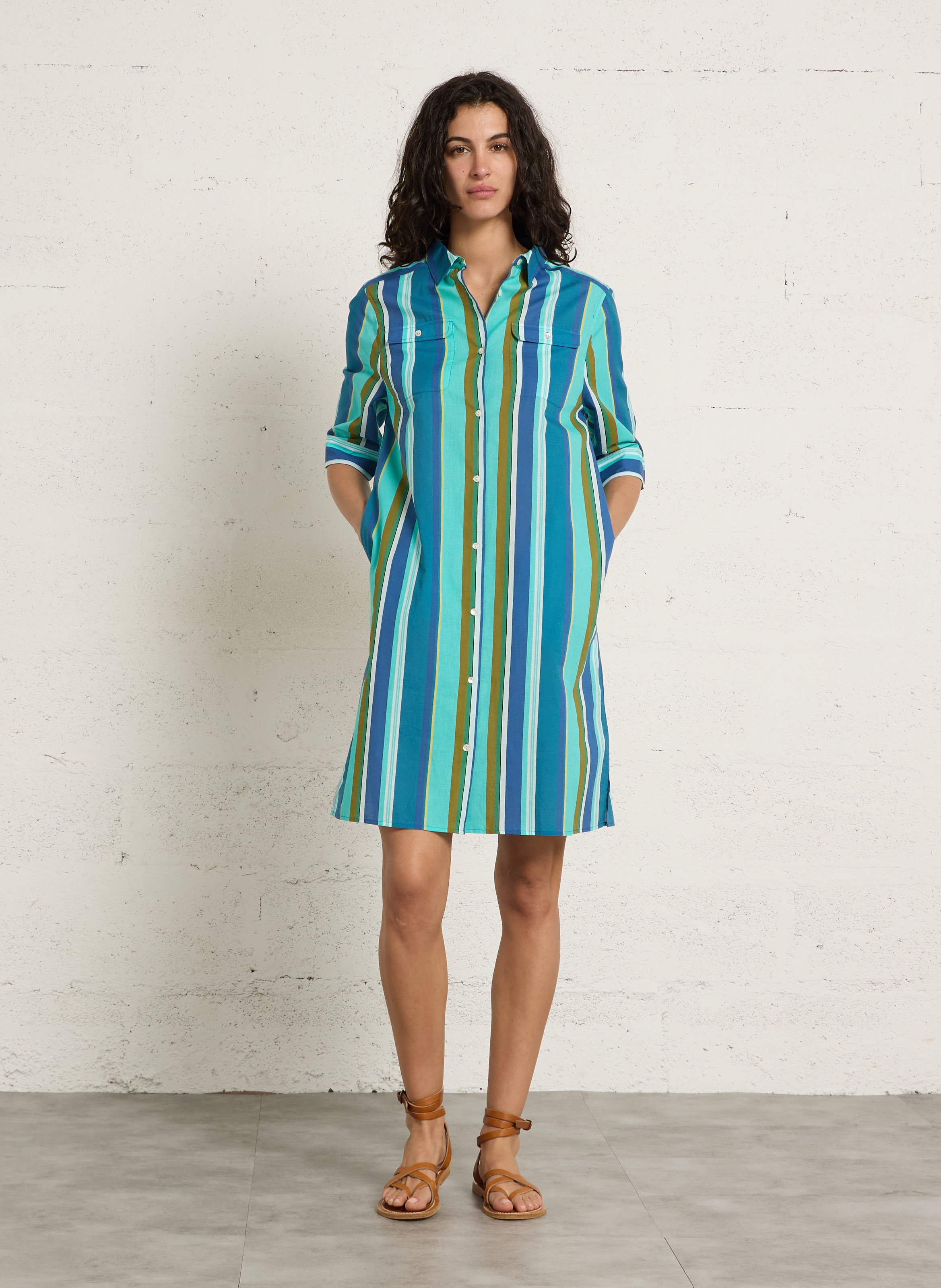 Robe chemise col classique rayée en coton BELLA JONES Bleu