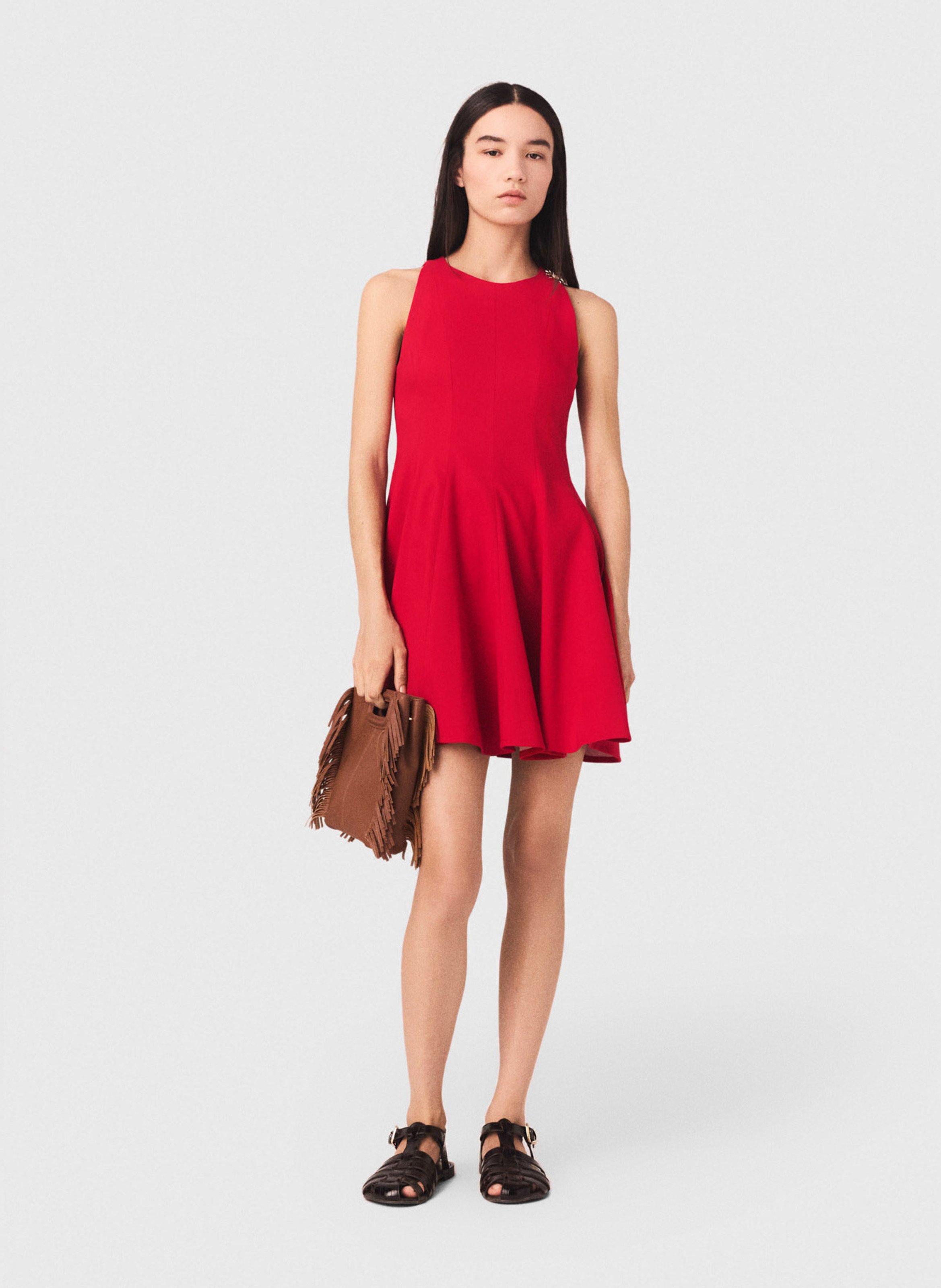 Robe courte plissée col rond en lin mélangé MAJE Rouge
