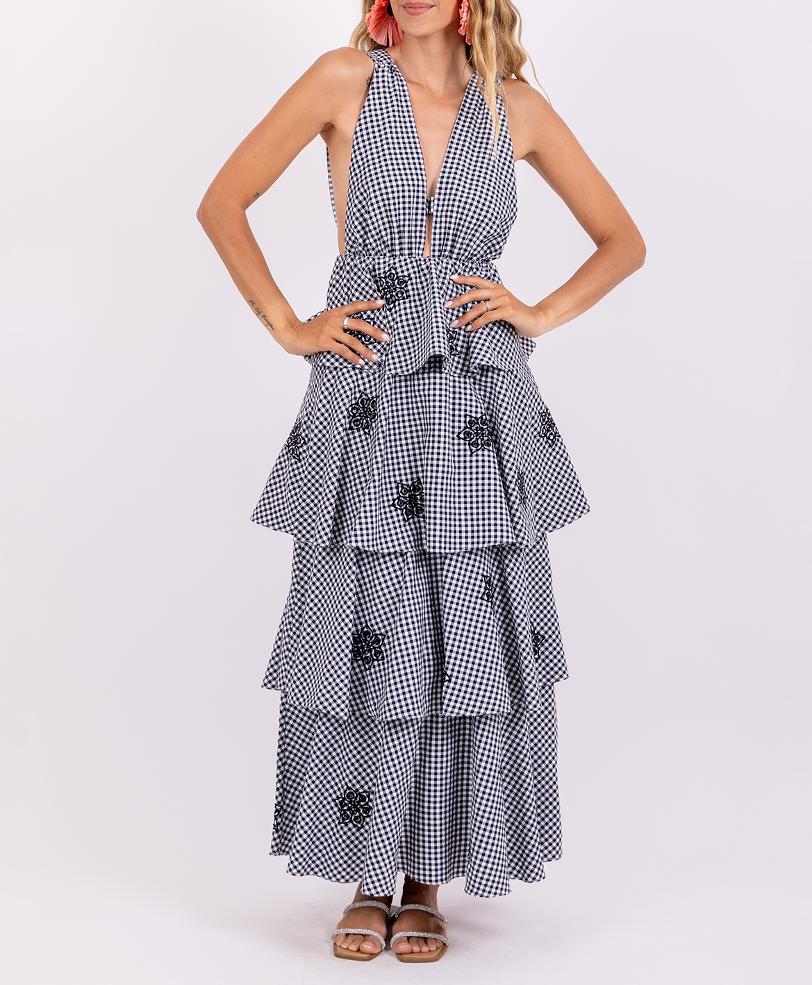 Langes Vichy Maxikleid mit Volants SUNDRESS Schwarz