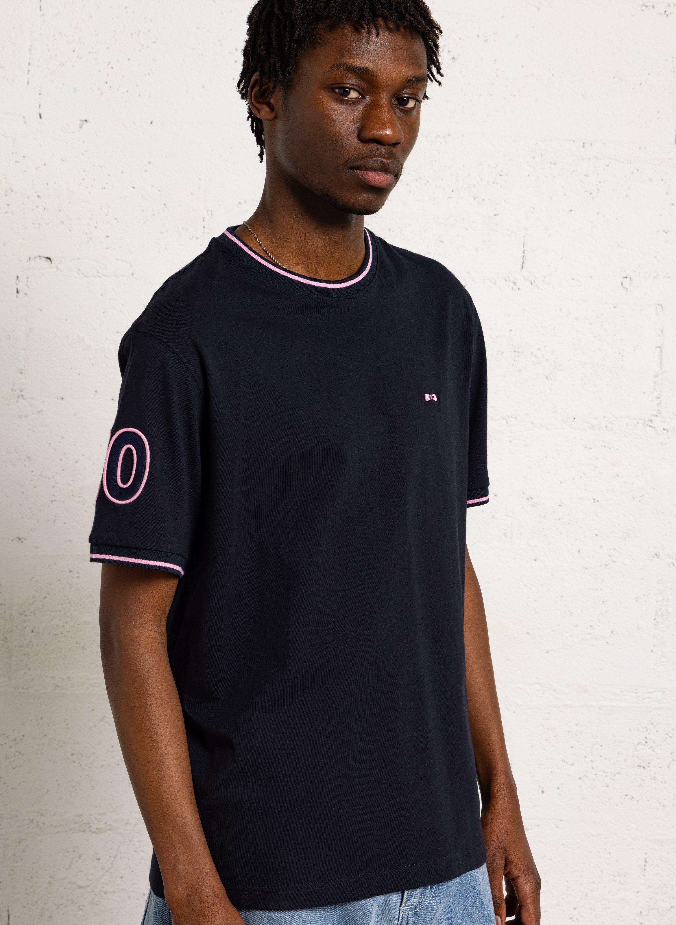 Staright embroidered round-neck cotton T-shirt EDEN PARK Blue