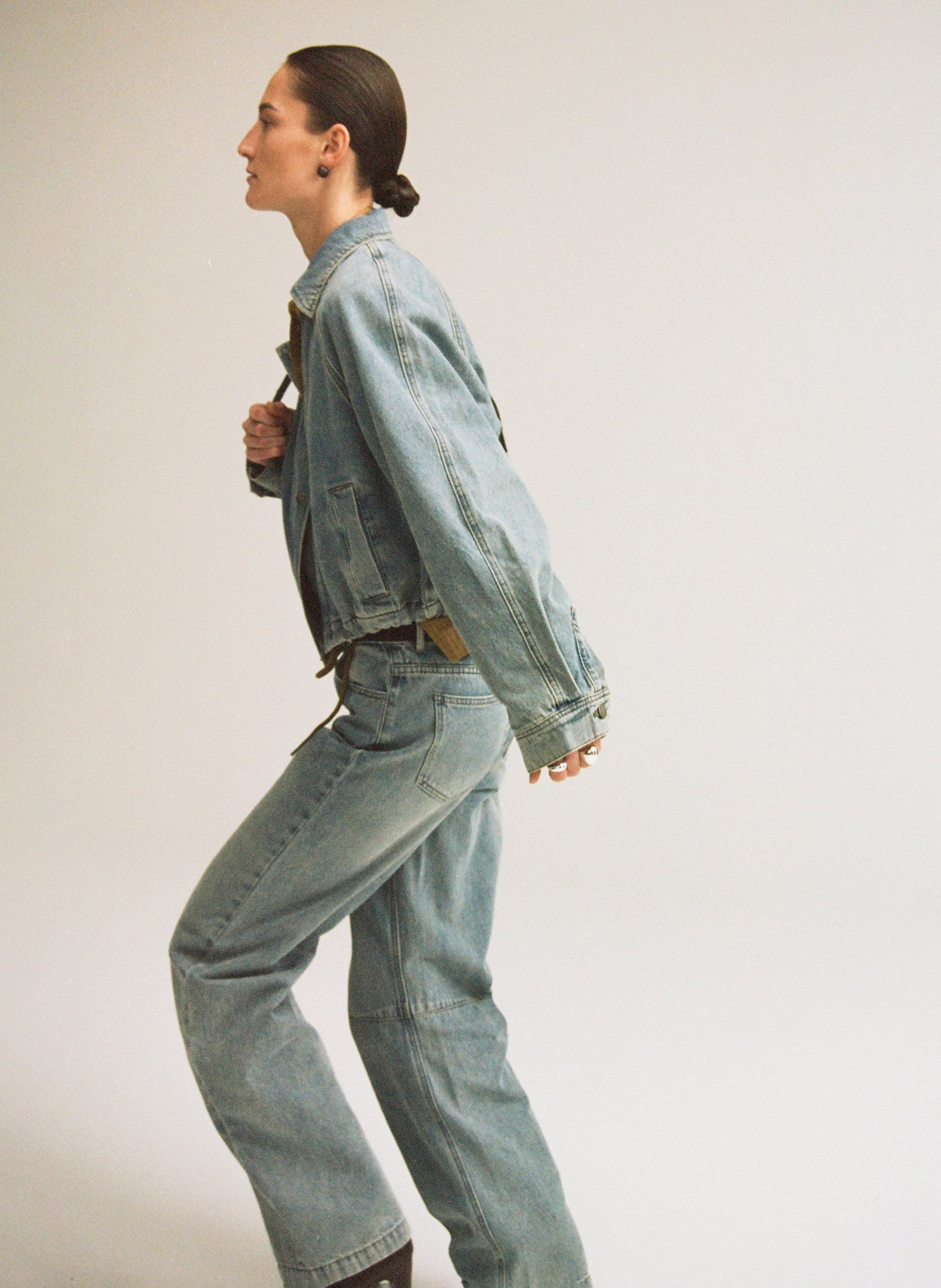 Straight classic collar jacket in cotton and recycled cotton blend ROUGE EDIT Blue
