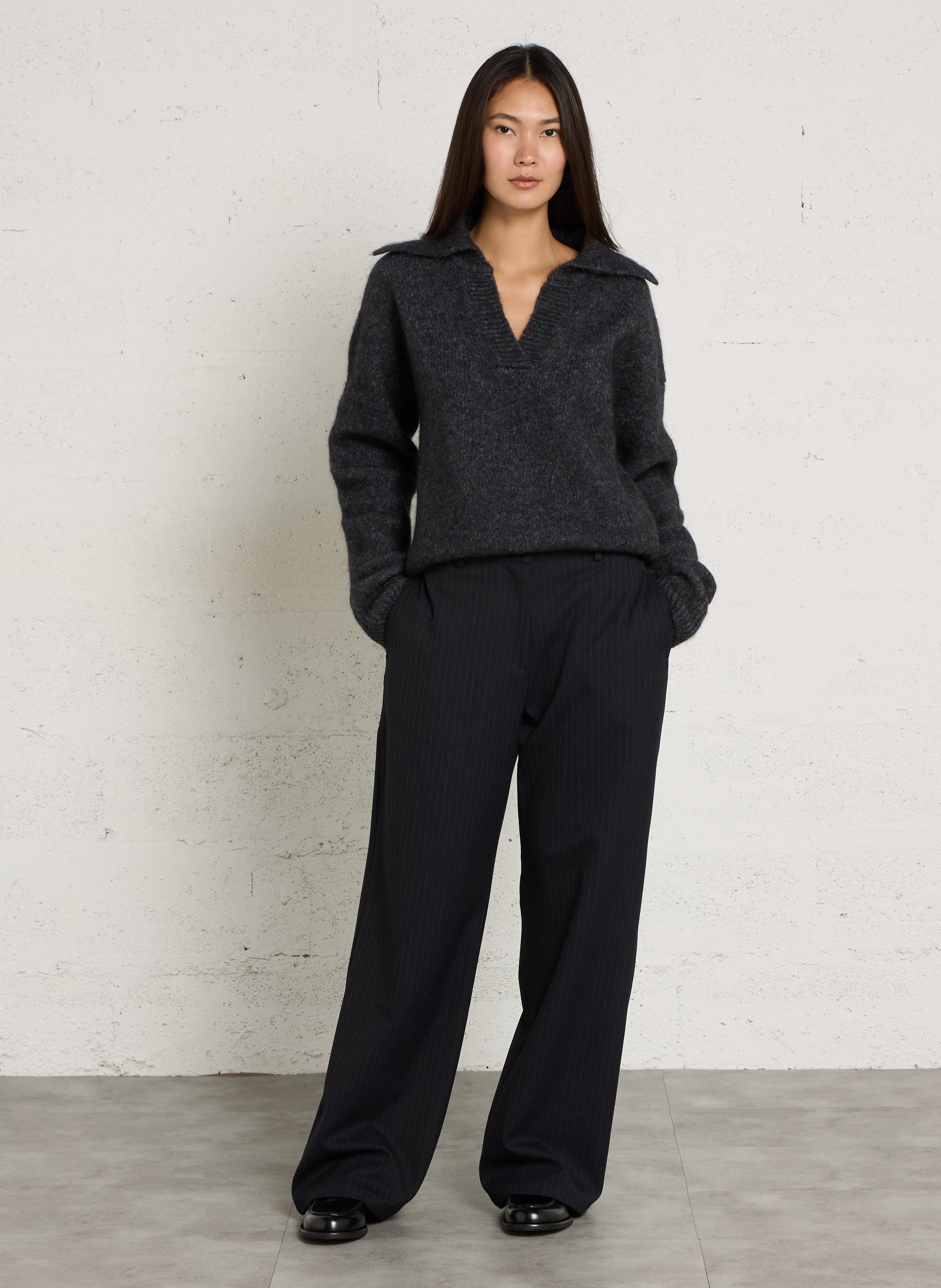 Straight Wide Striped Pleated Trousers THE NEW SOCIETY Black