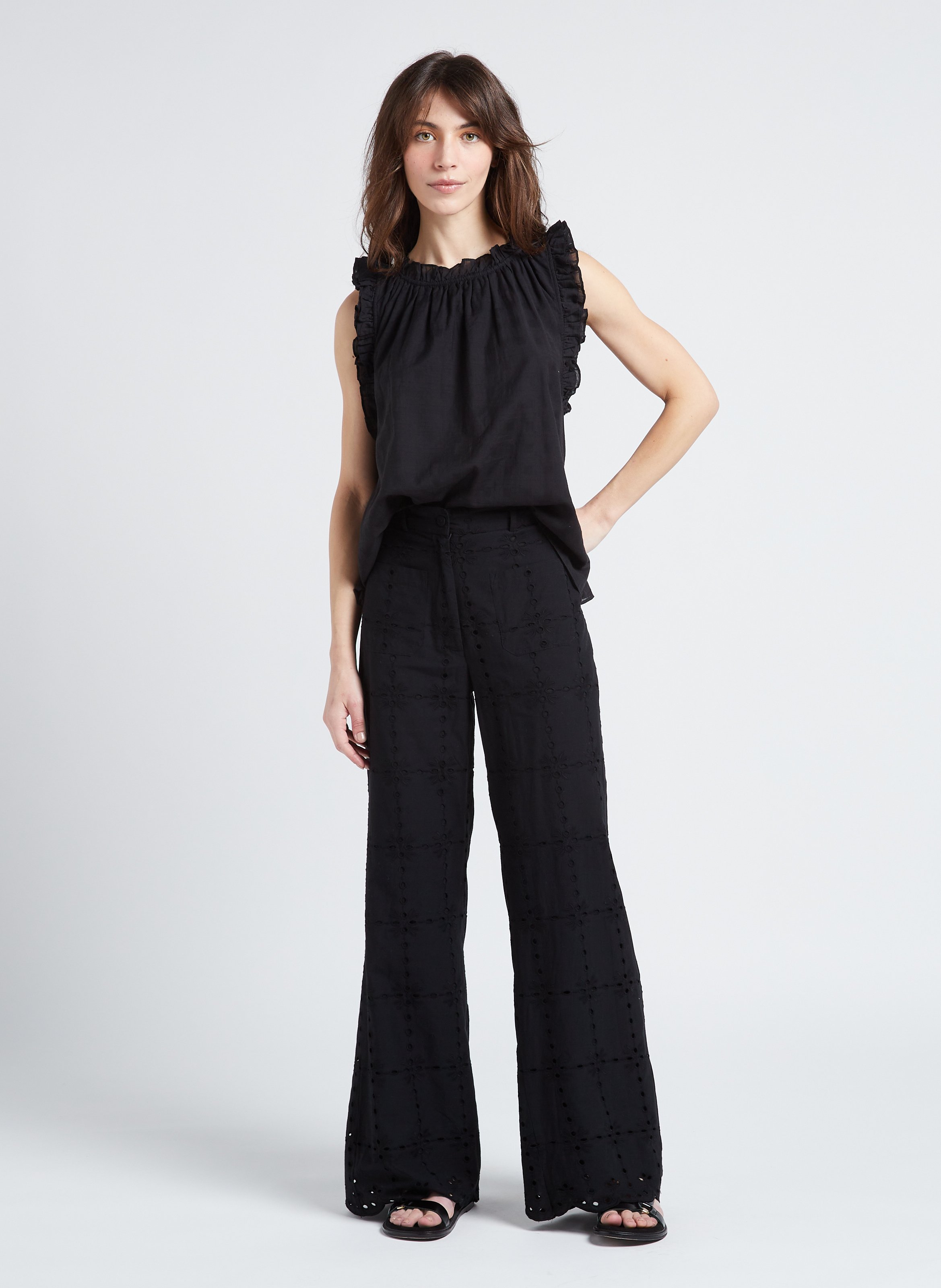 Embroidered cotton flared pants BELLEPIECE Black