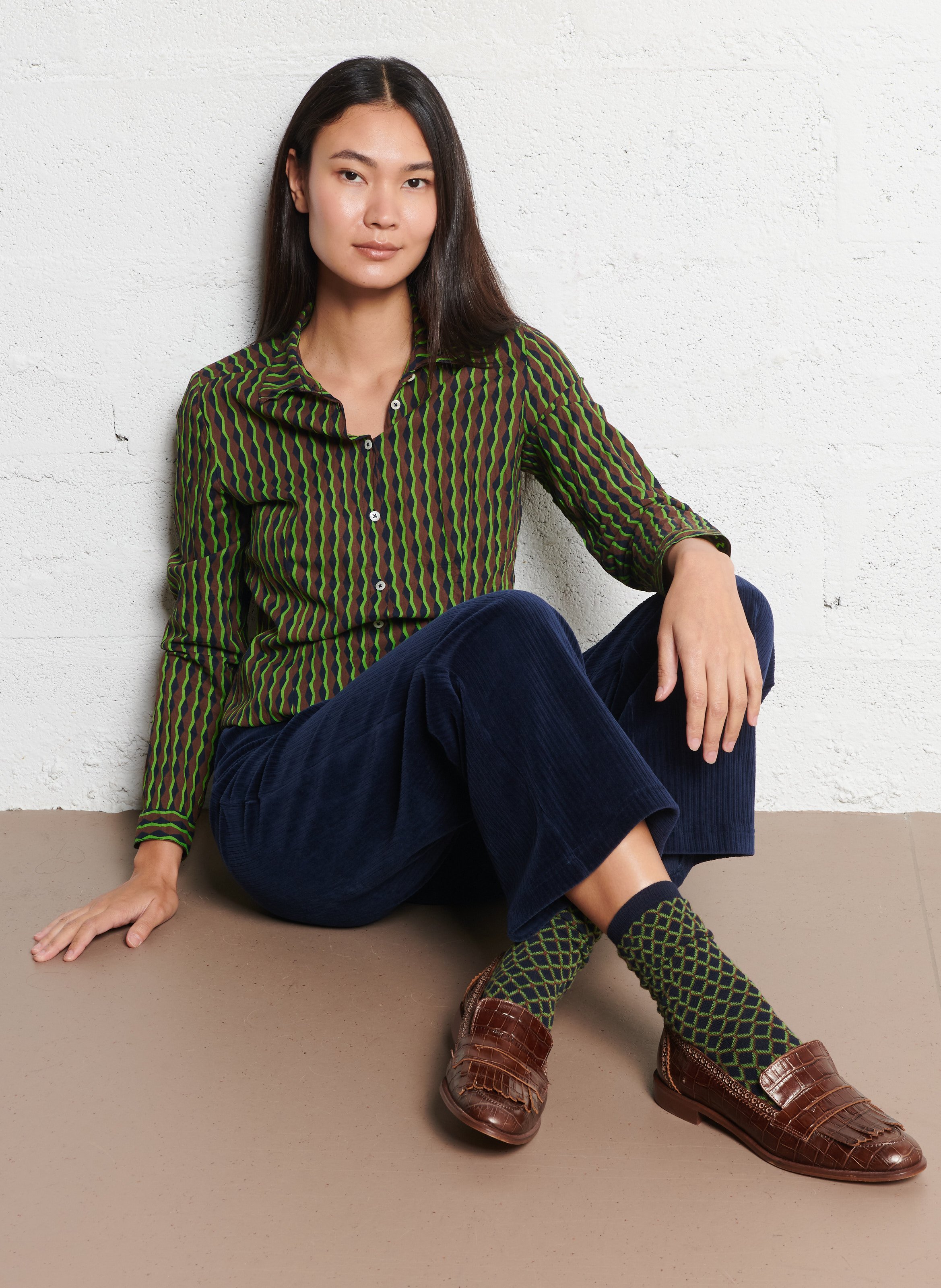 Chemise cintrée imprimé zigzag en coton froissé NICE THINGS Bleu