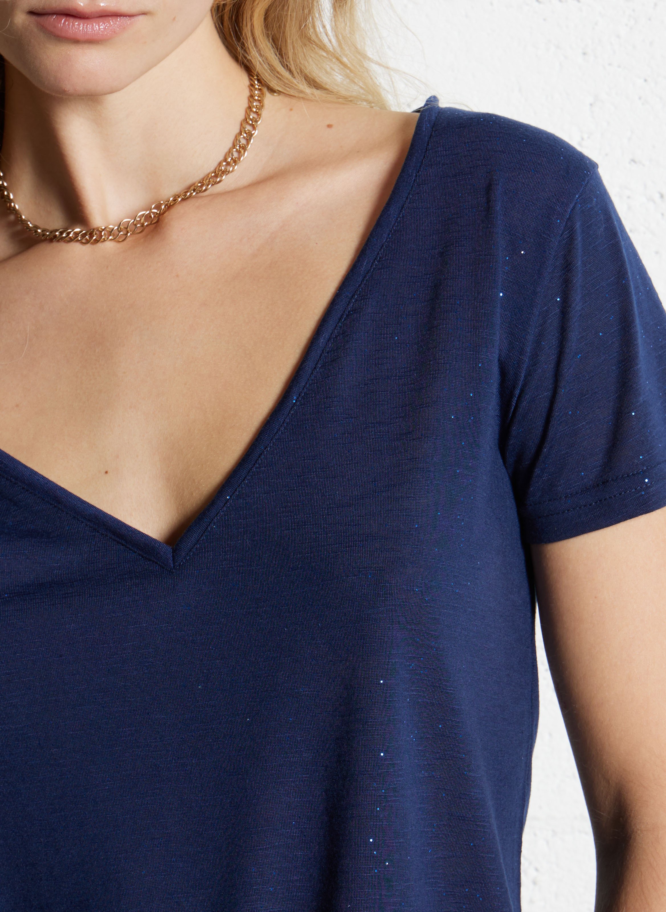 Tee-shirt col V droit pailleté LA PETITE ETOILE Bleu