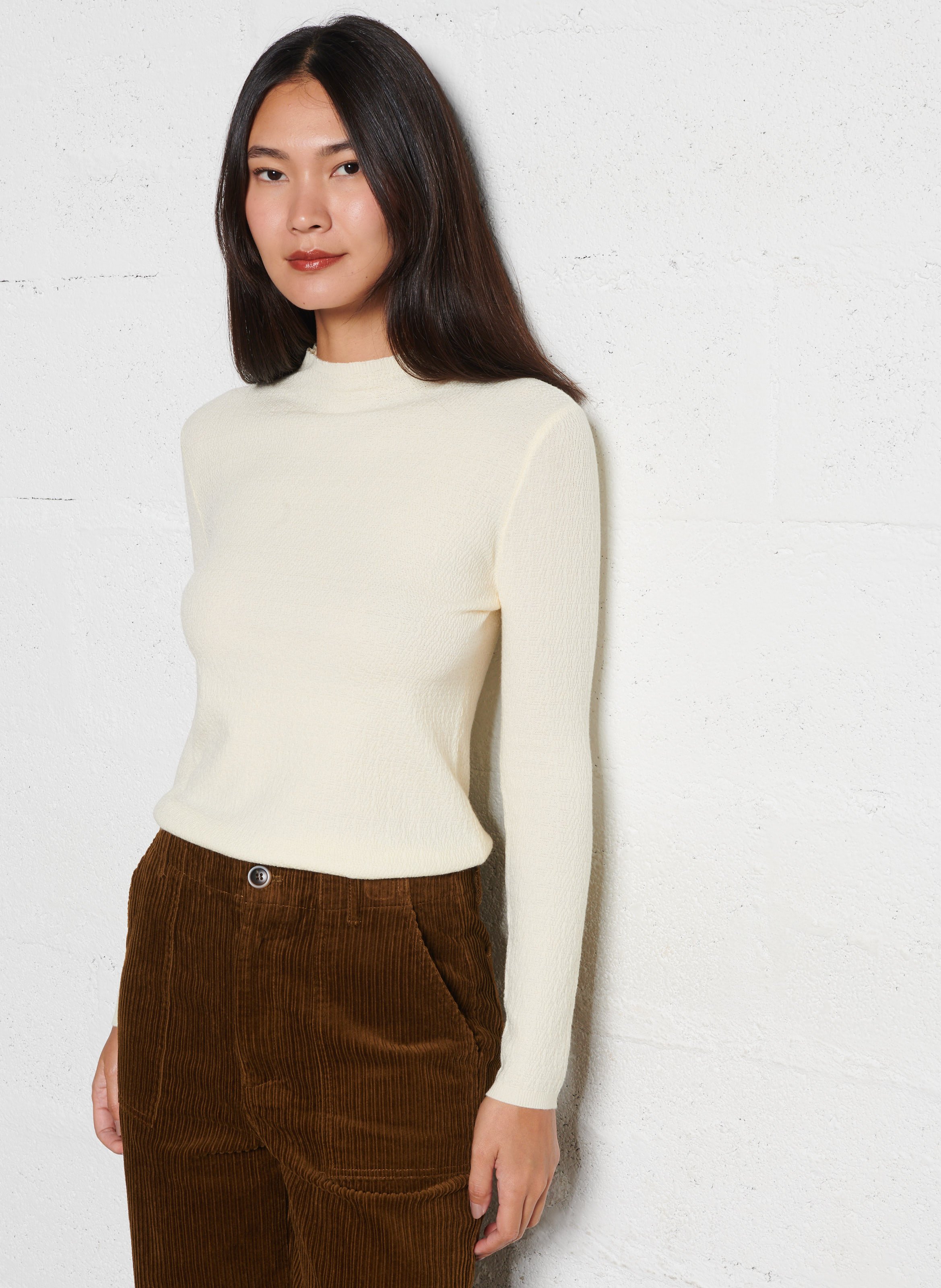 Pull fin col rond texturé uni SEE U SOON Beige