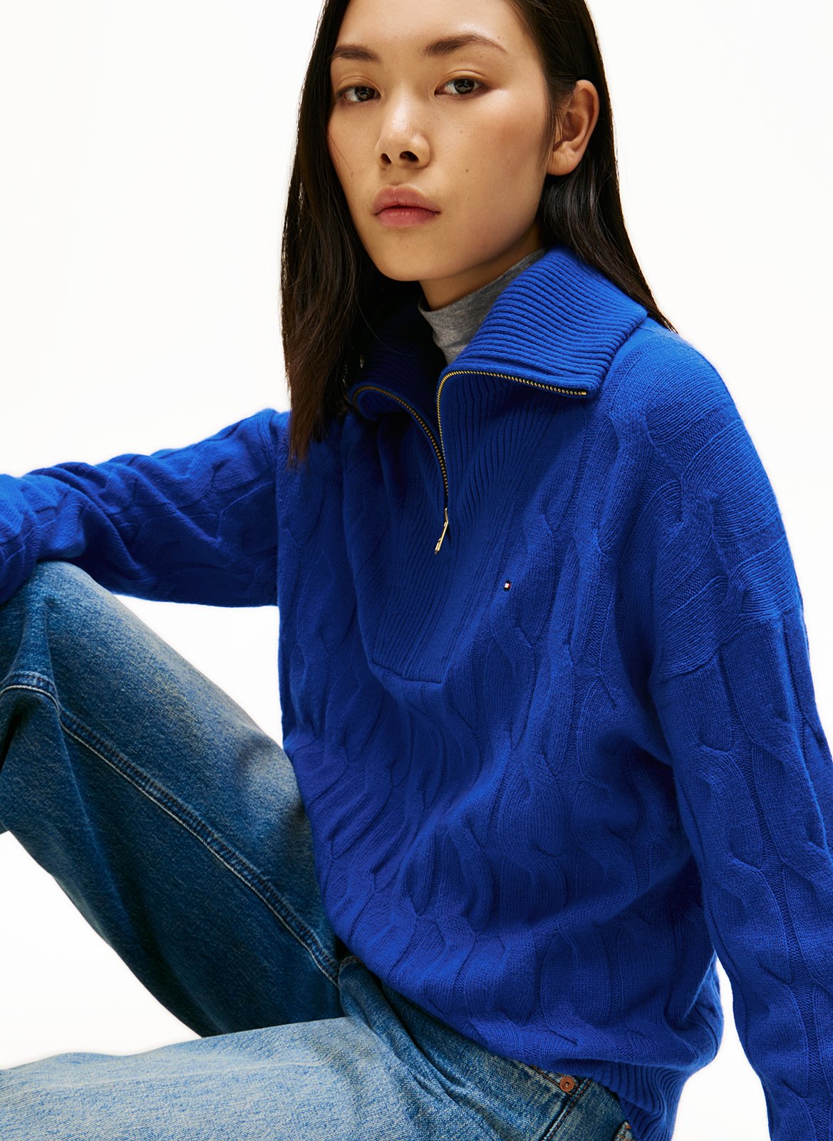 Pull col zippé en maille tressée TOMMY HILFIGER Bleu