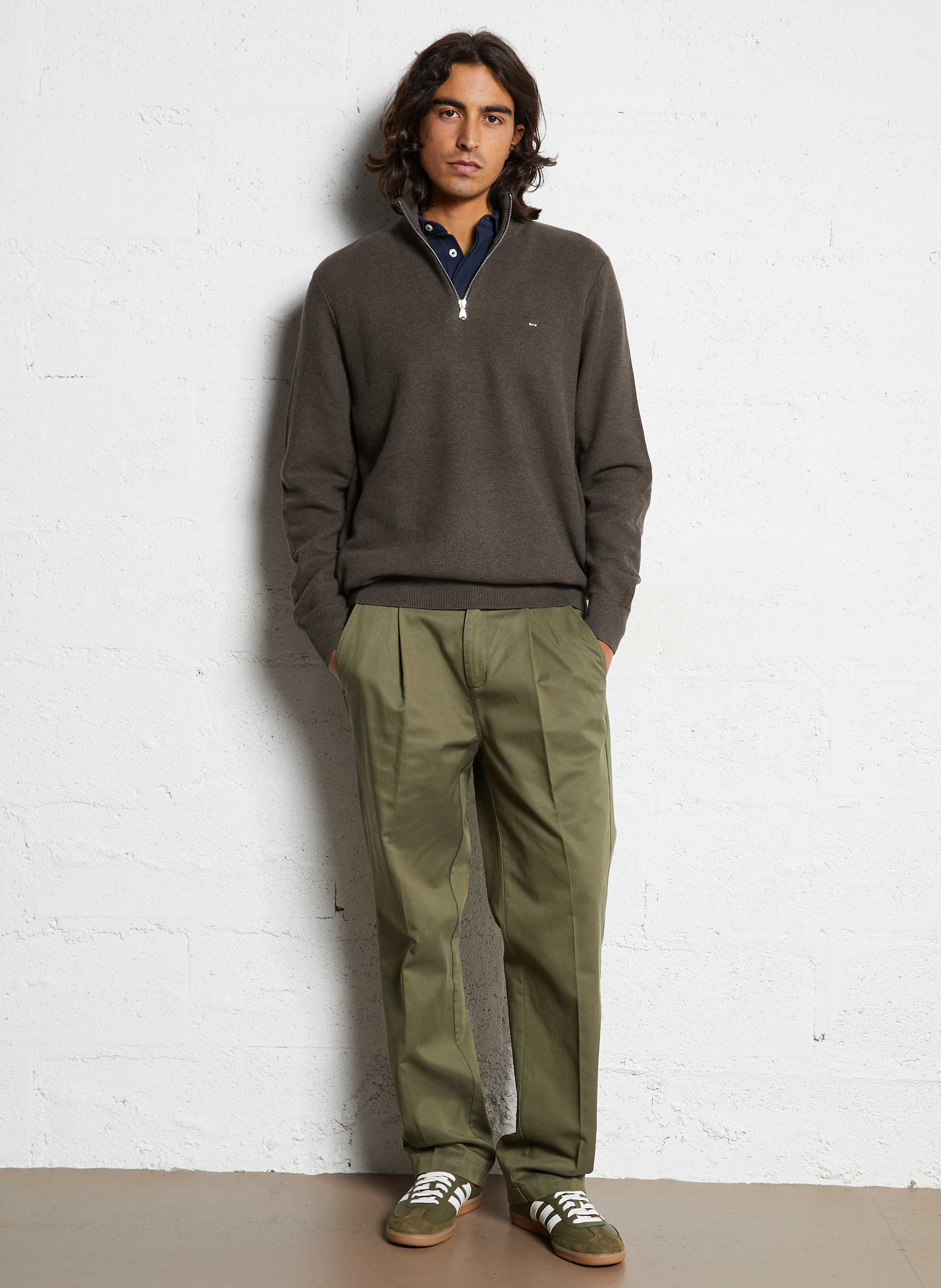 Pull droit col montant brodé en coton EDEN PARK Marron