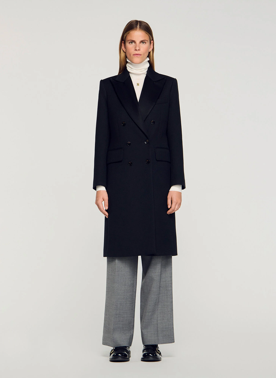 Long straight coat with satin lapels SANDRO Black