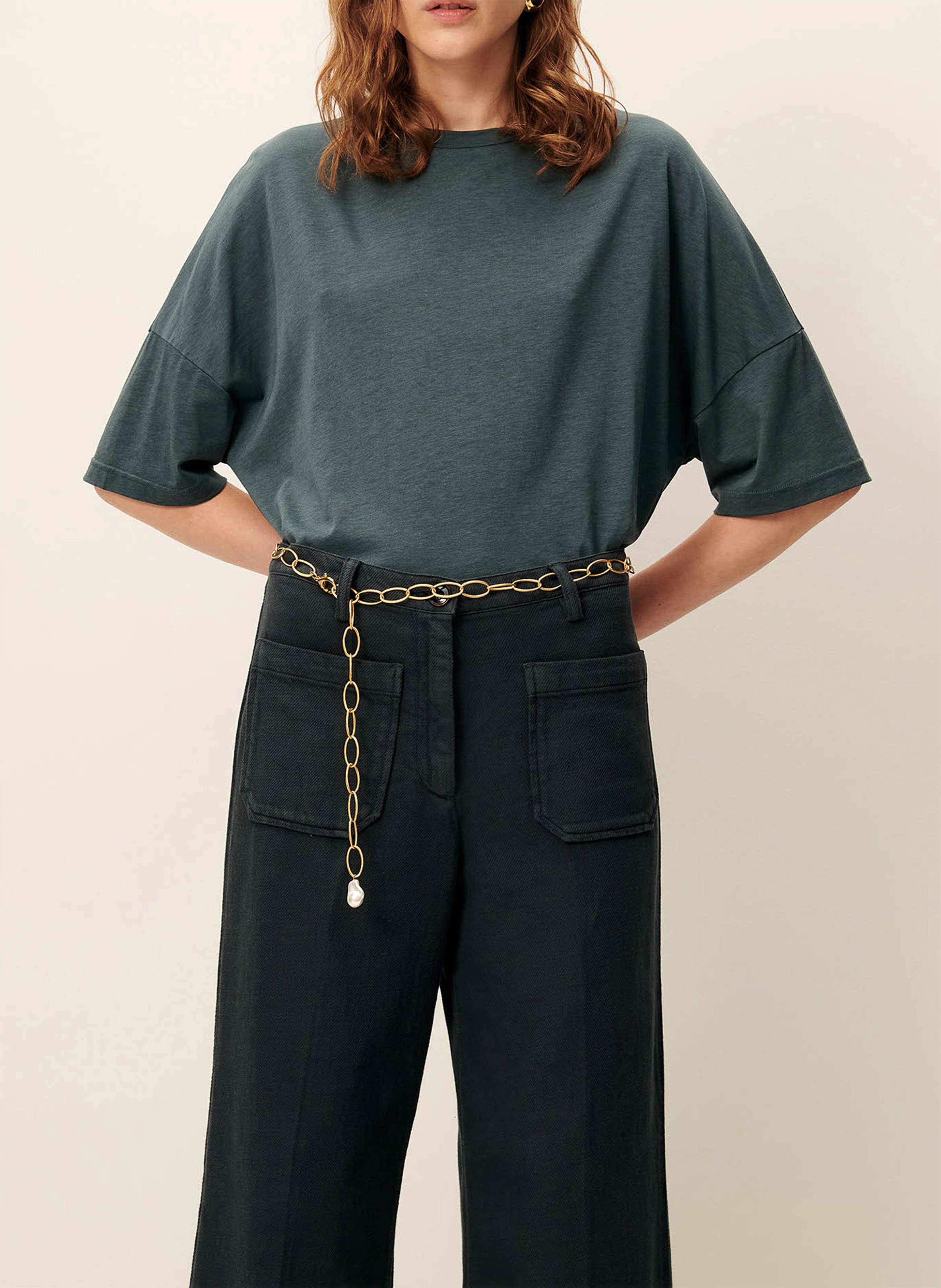 Gerade geschnittene, plissierte und strukturierte Baumwollhose SESSUN Grun