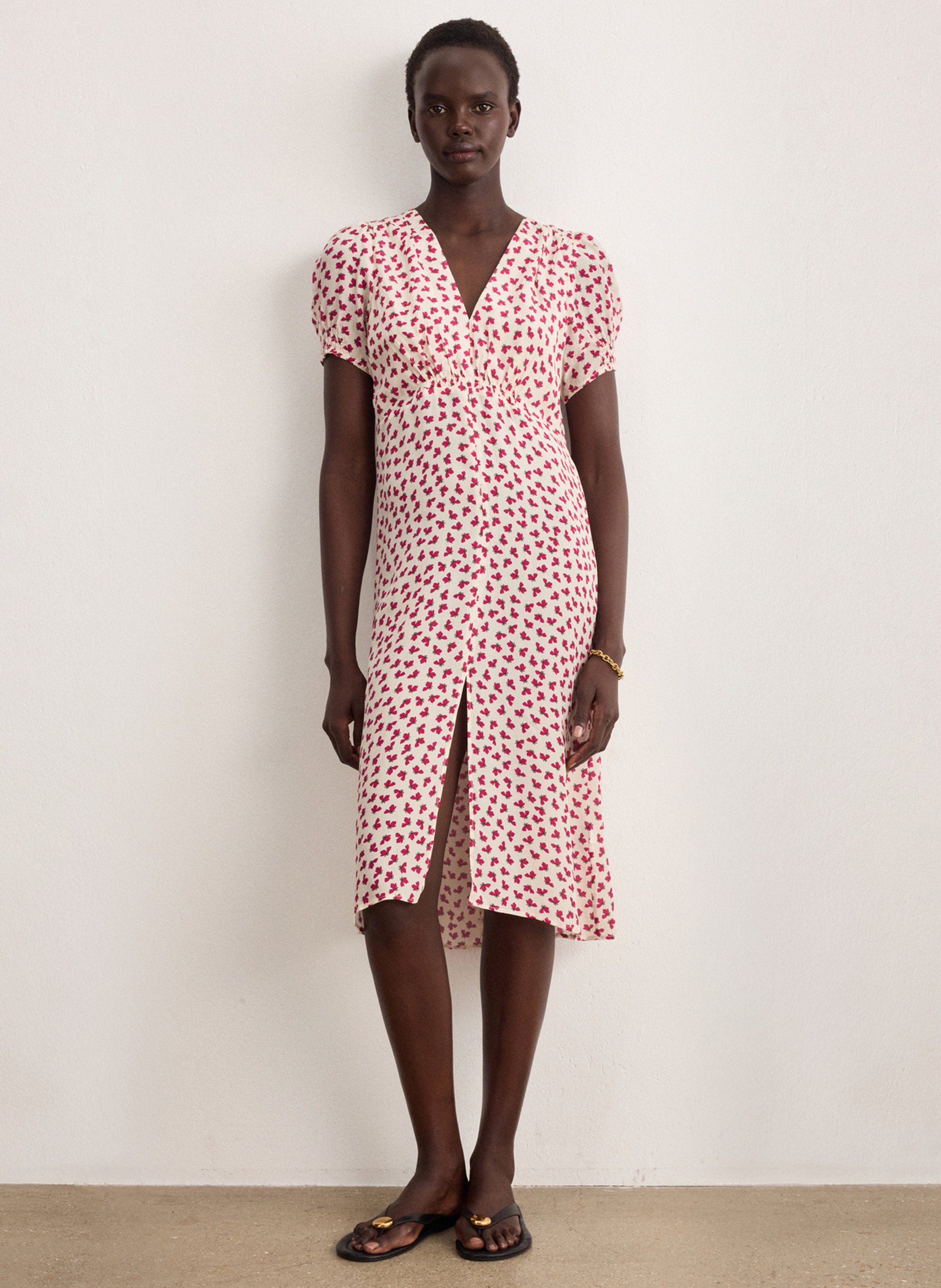 Robe longue col V imprimée PABLO Beige