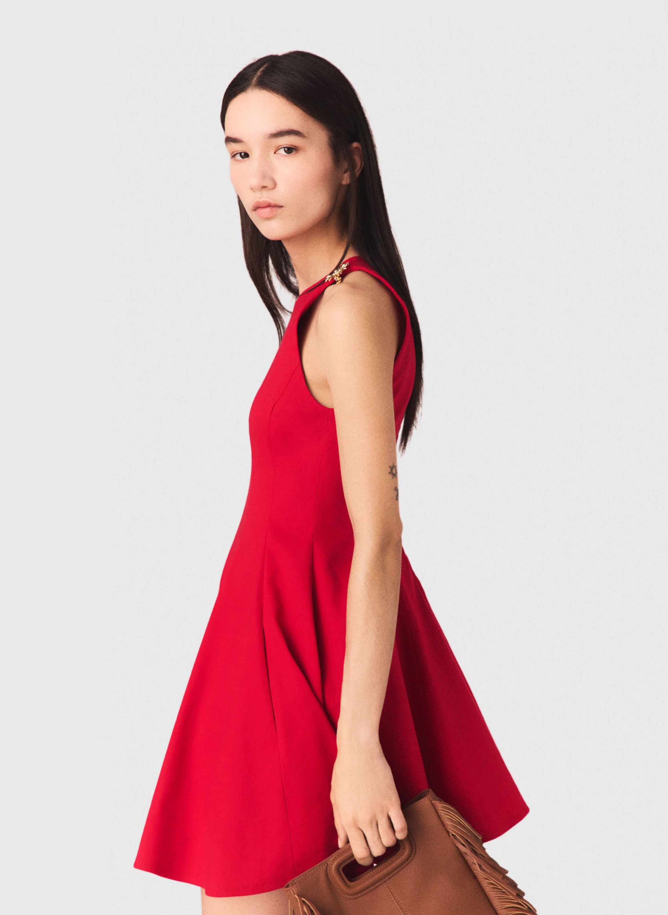 Robe courte plissée col rond en lin mélangé MAJE Rouge